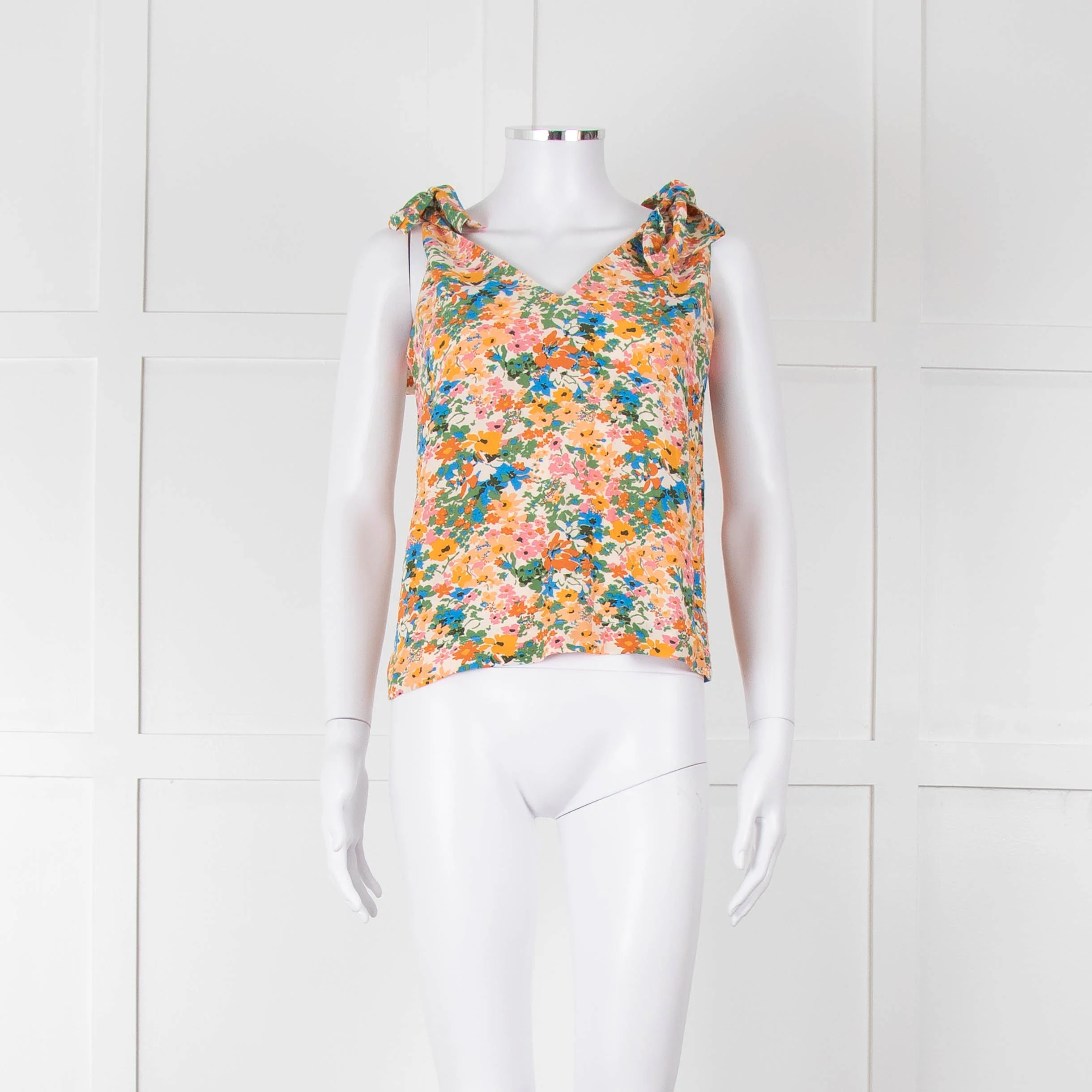 Sezane Cream Orange Green Floral Tie Up Strap Vest - Image 2