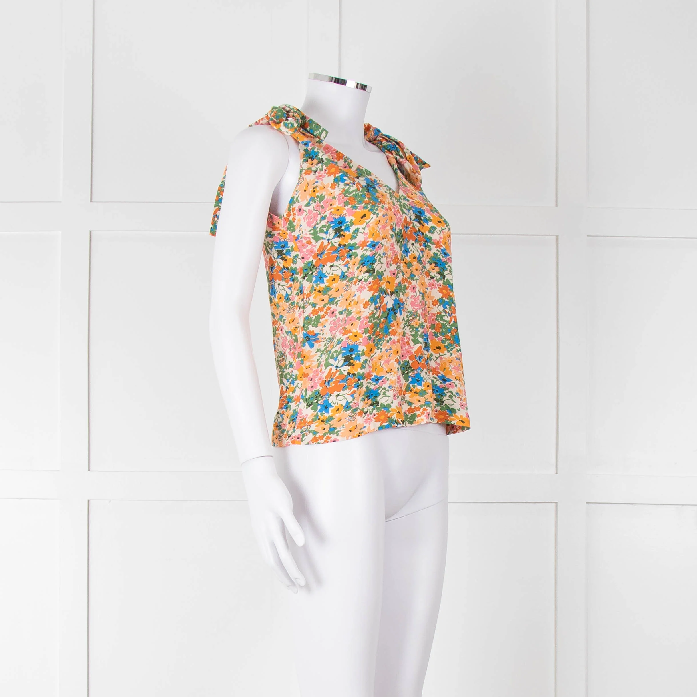 Sezane Cream Orange Green Floral Tie Up Strap Vest - Image 3