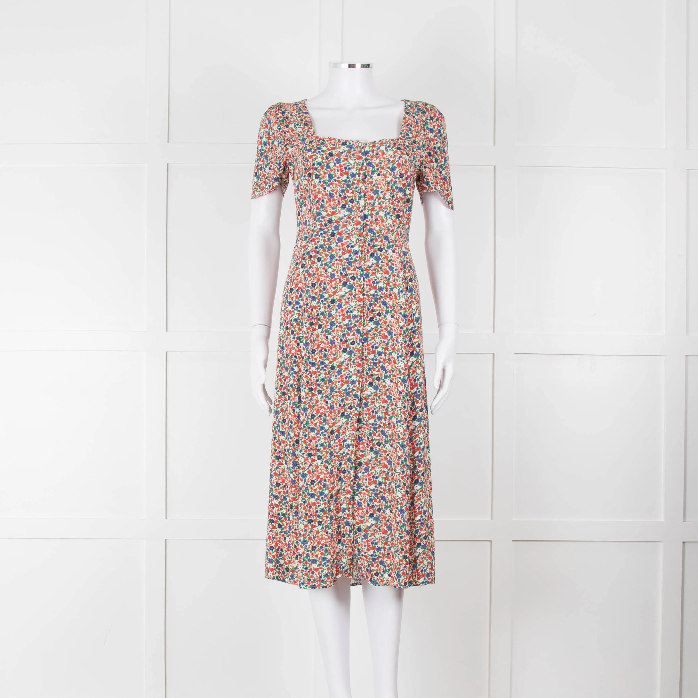 Sezane Cream Red Blue Floral Short Sleeve Midi Dress
