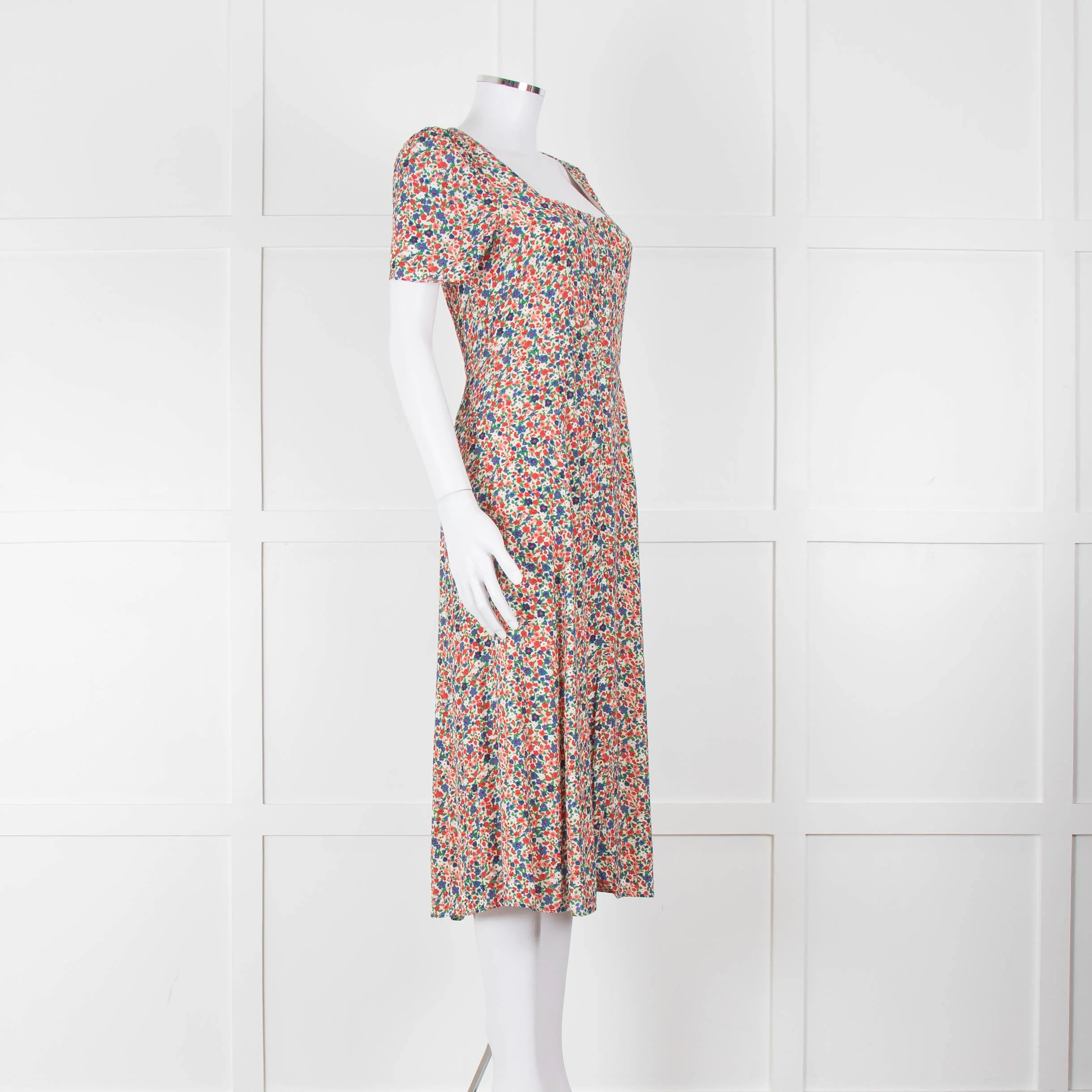 Sezane Cream Red Blue Floral Short Sleeve Midi Dress - Image 2
