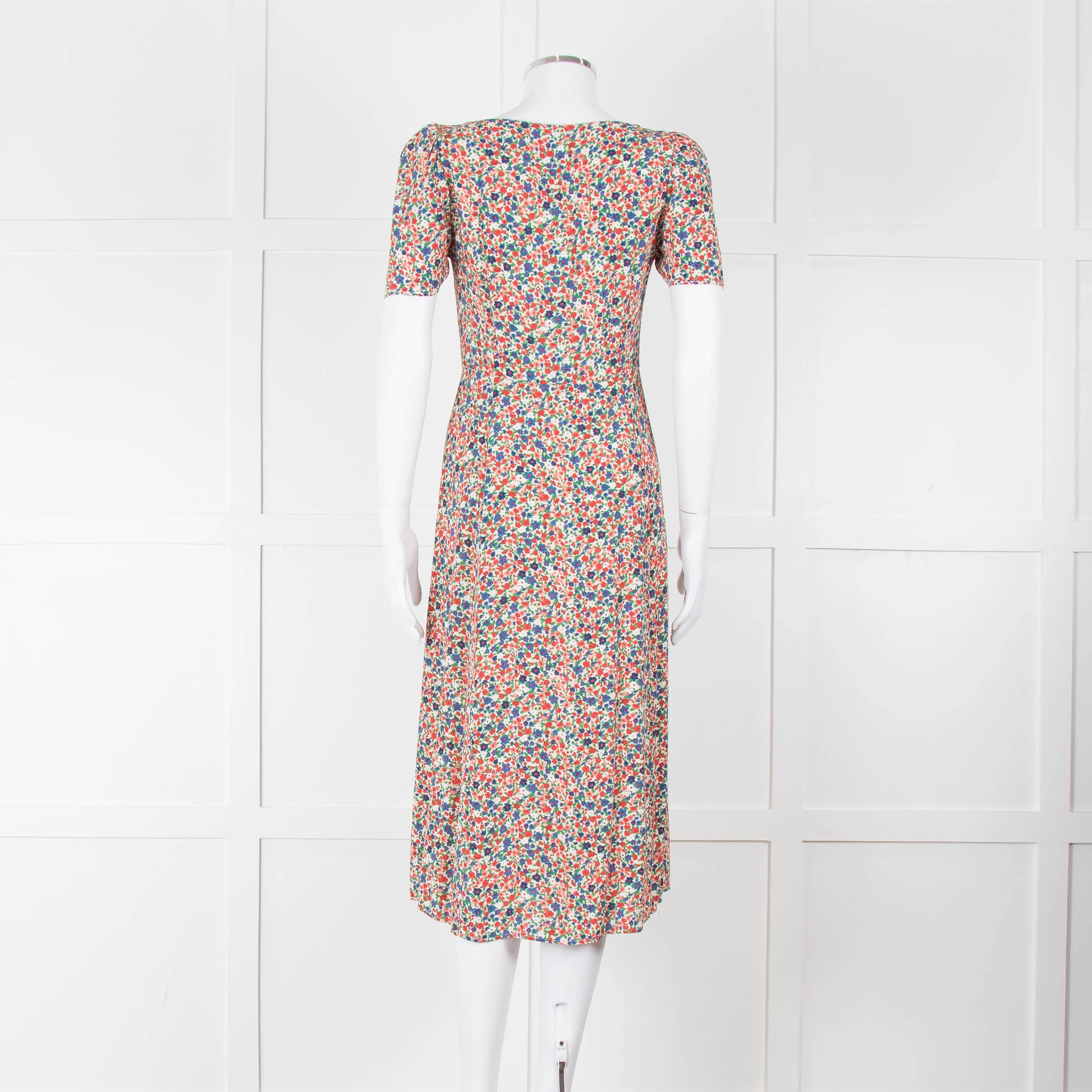 Sezane Cream Red Blue Floral Short Sleeve Midi Dress - Image 5