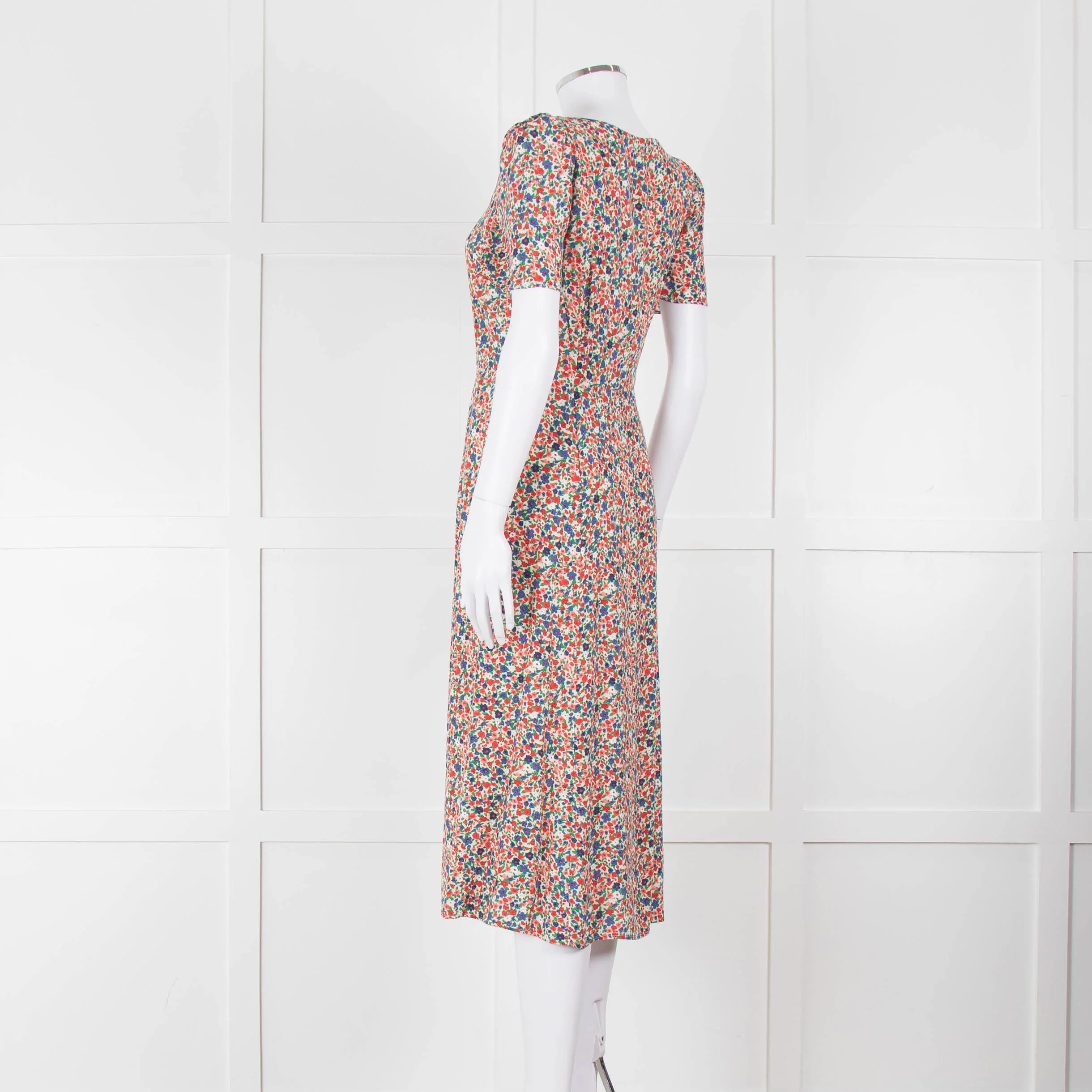 Sezane Cream Red Blue Floral Short Sleeve Midi Dress - Image 6