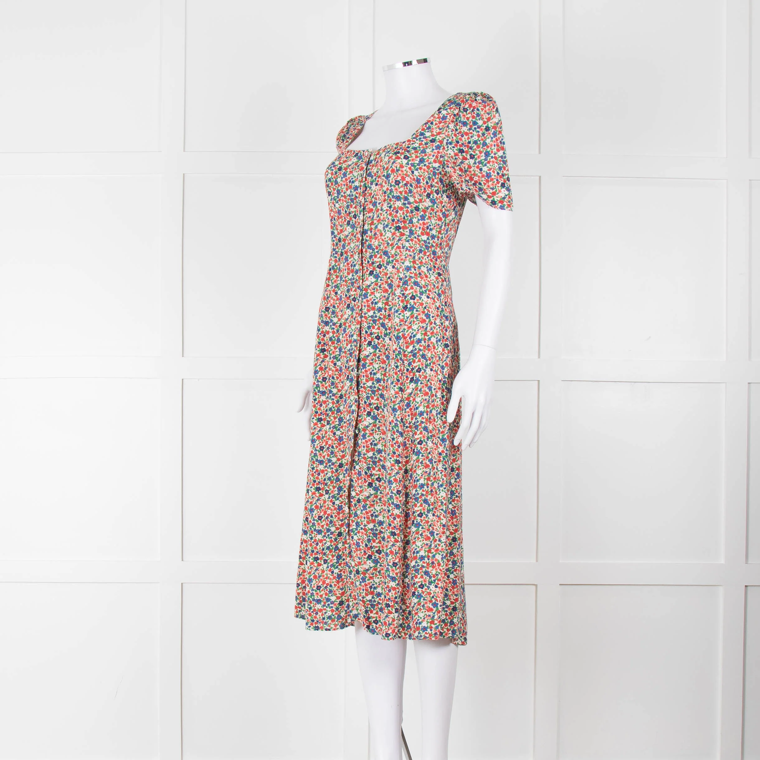 Sezane Cream Red Blue Floral Short Sleeve Midi Dress - Image 8