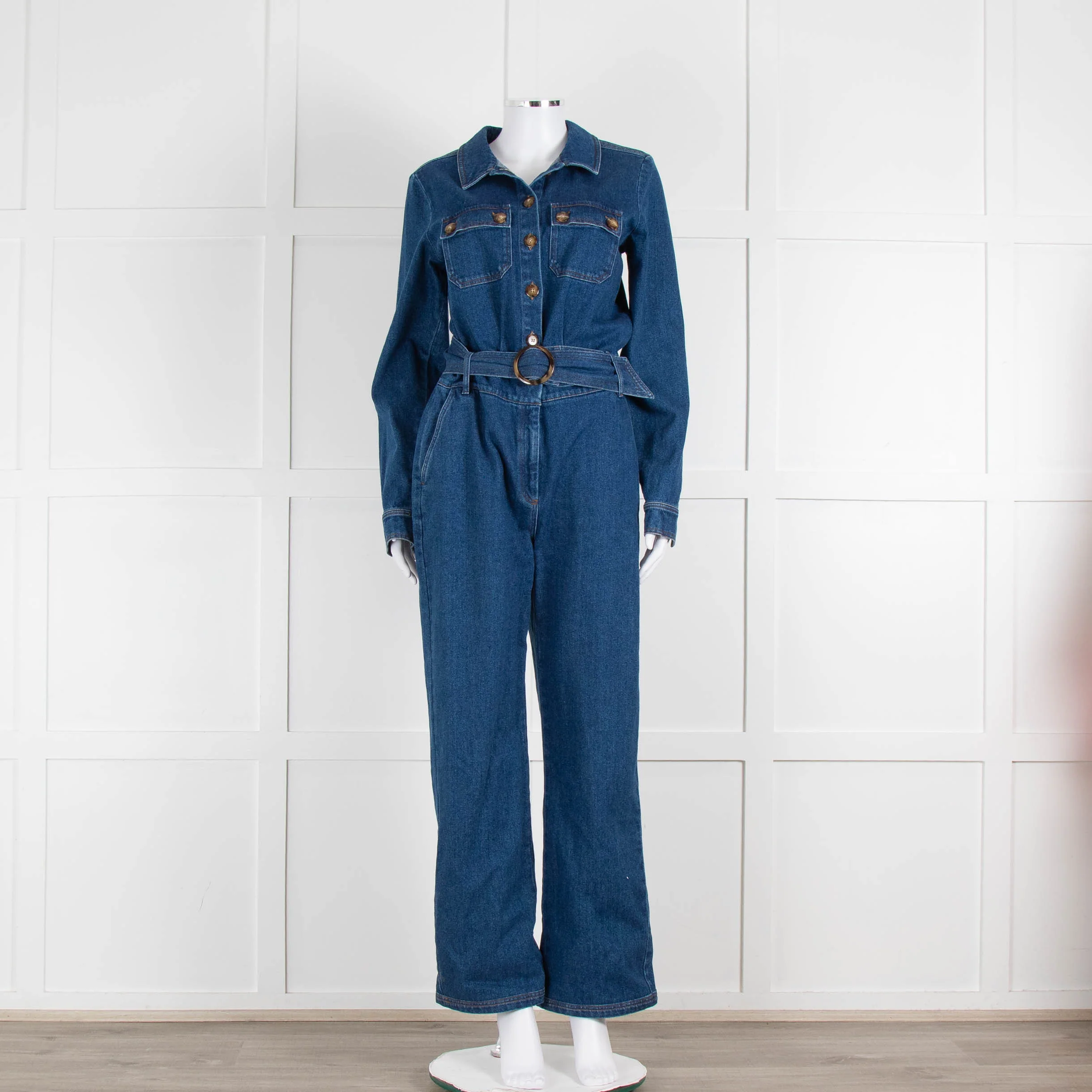 Sezane Dark Denim Long Sleeve Jumpsuit with Belt