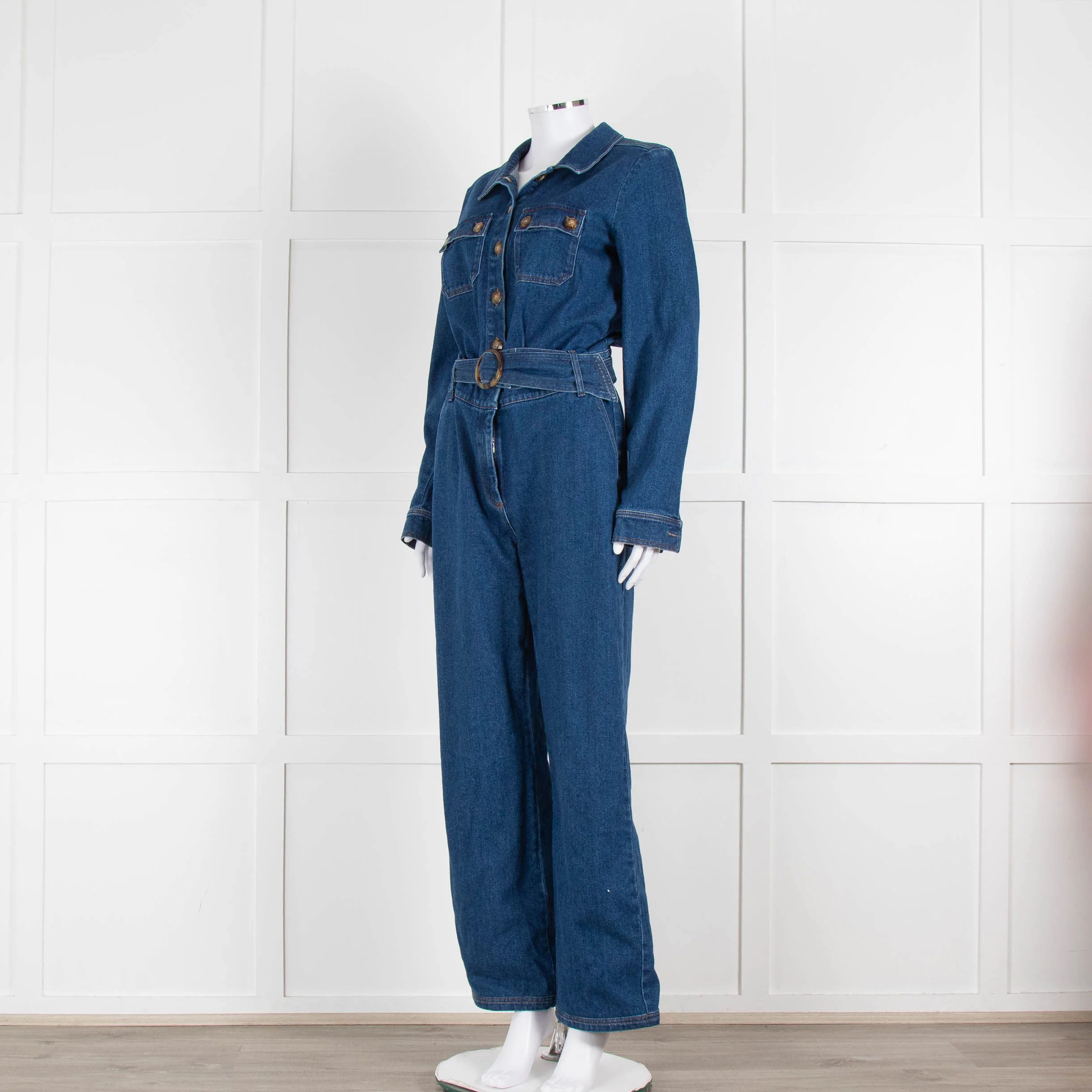 Sezane Dark Denim Long Sleeve Jumpsuit with Belt - Image 8