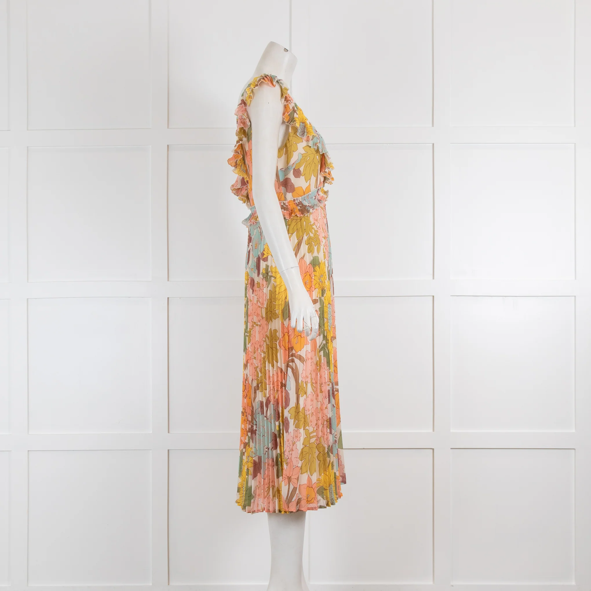 Sezane Floral V Neck Dress with Frills and Pleat Detail - Image 2