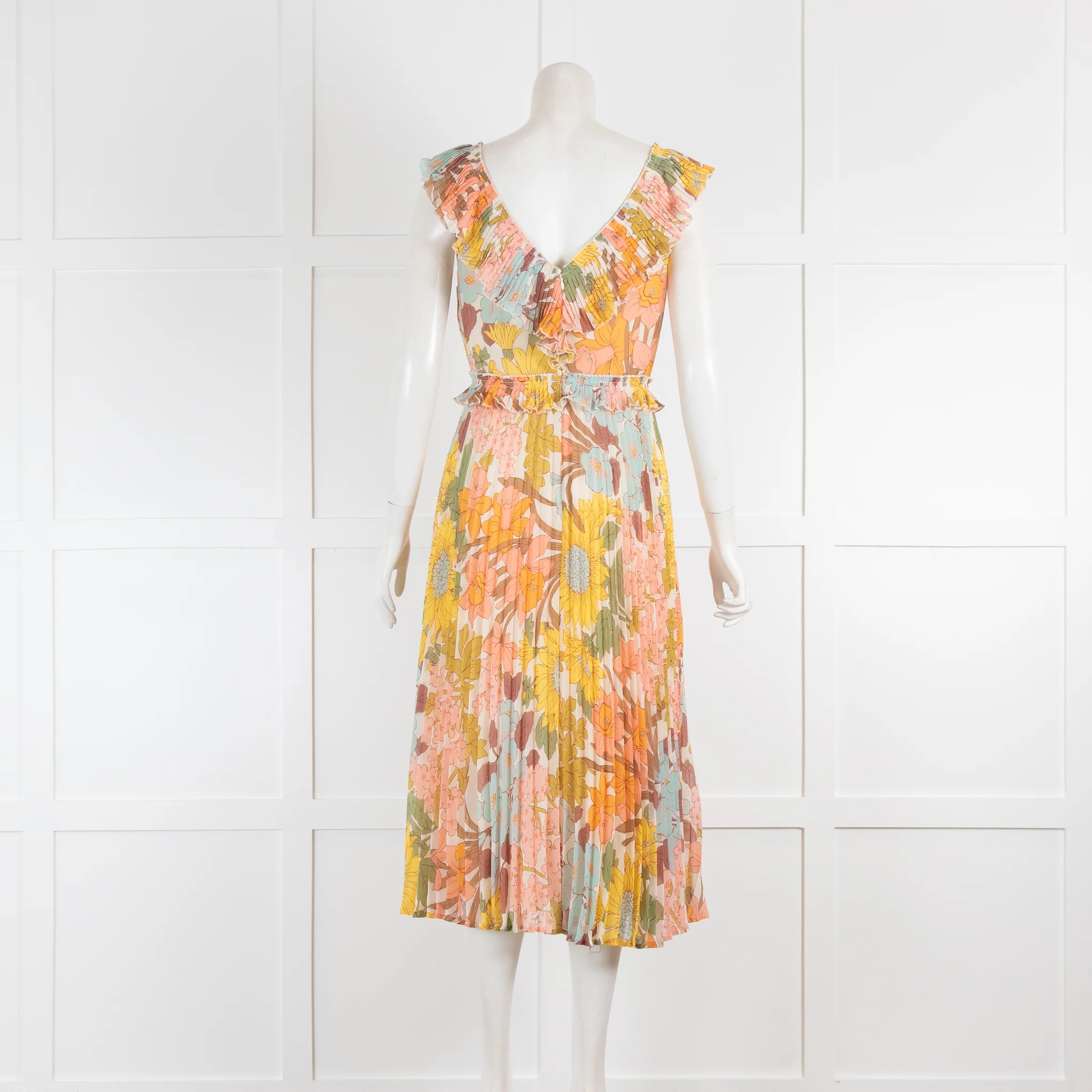 Sezane Floral V Neck Dress with Frills and Pleat Detail - Image 3