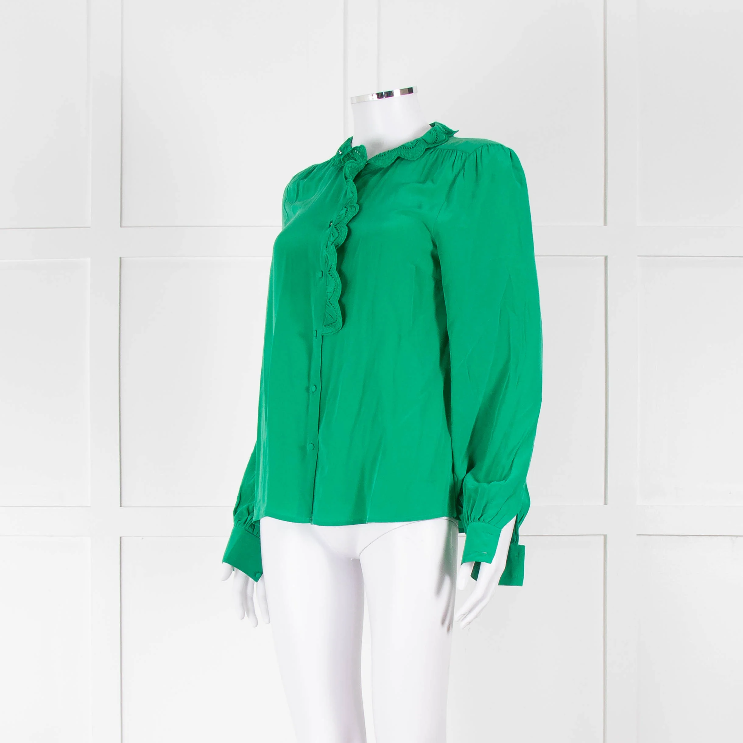 Sezane Green Silk Frill Collar Blouse - Image 8