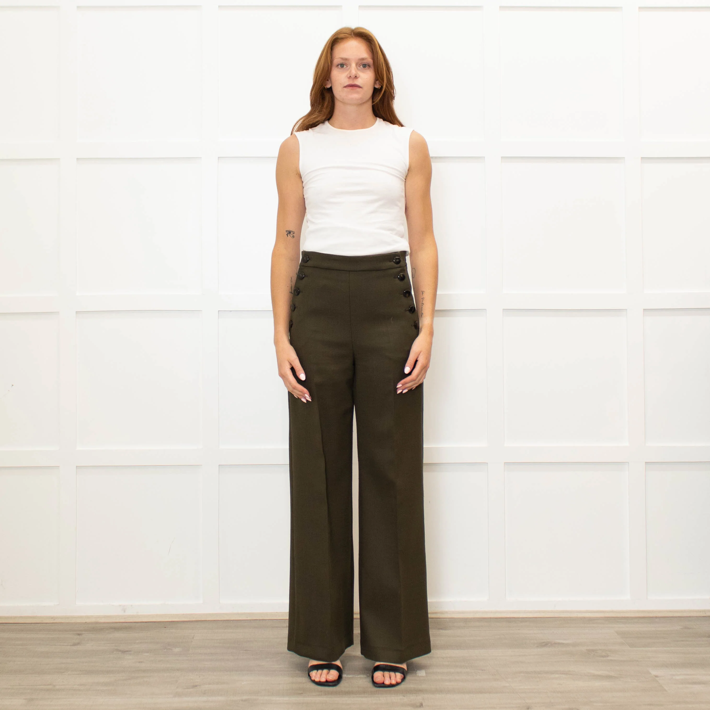 Sezane Green Wide Leg Trousers With Front Buttons