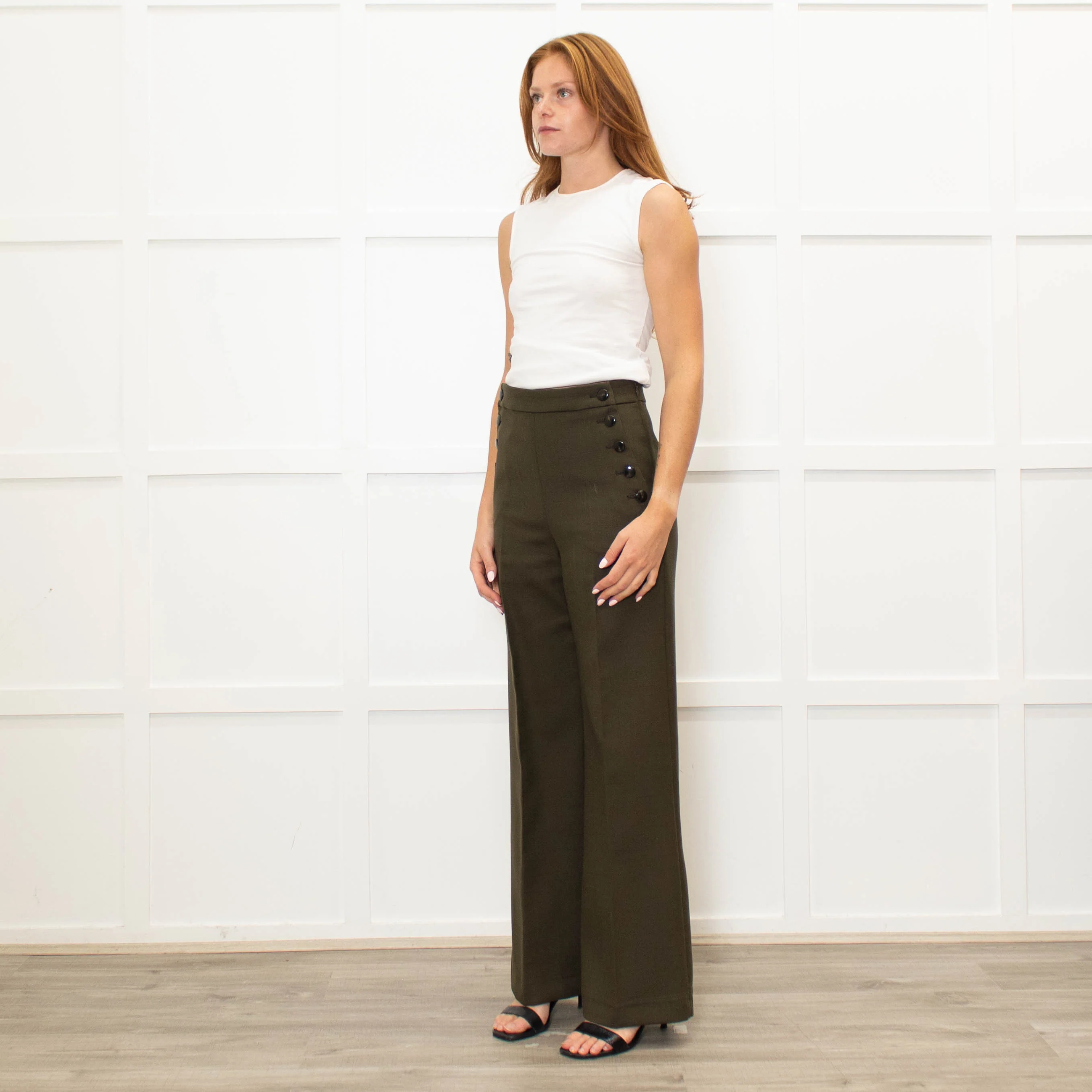 Sezane Green Wide Leg Trousers With Front Buttons - Image 3