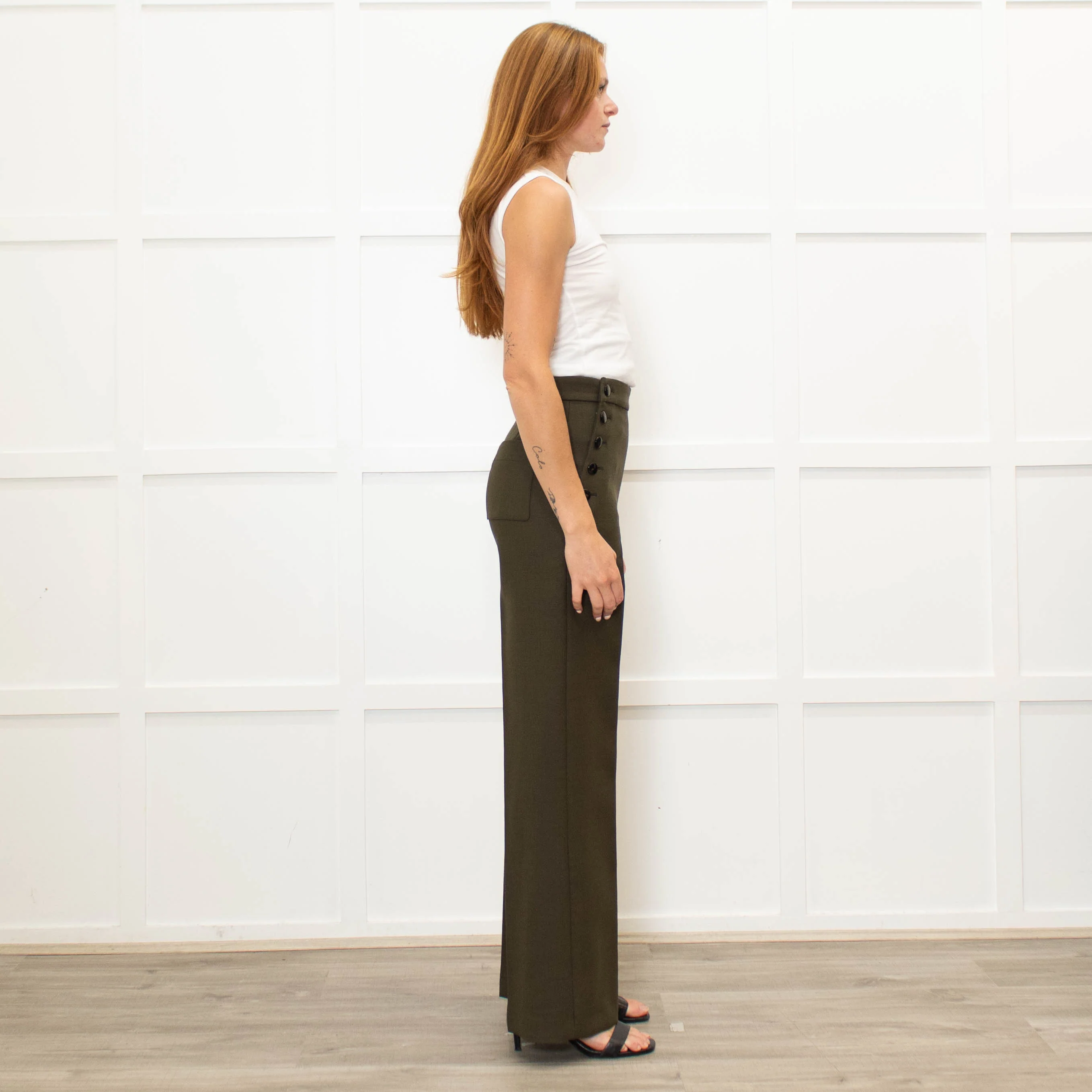Sezane Green Wide Leg Trousers With Front Buttons - Image 6