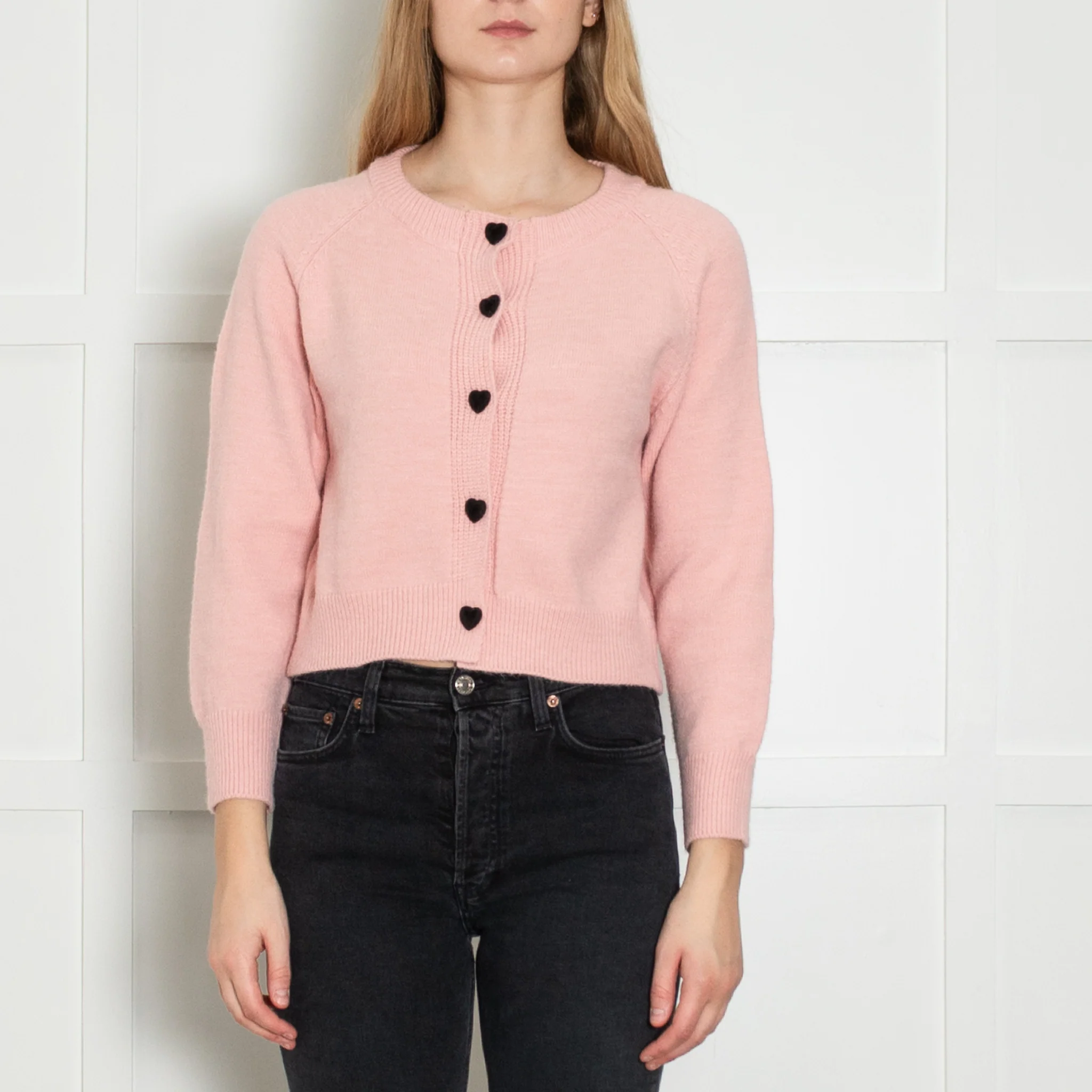 Sezane Pale Pink Black Velvet Heart Button Knitted Cardigan - Image 2