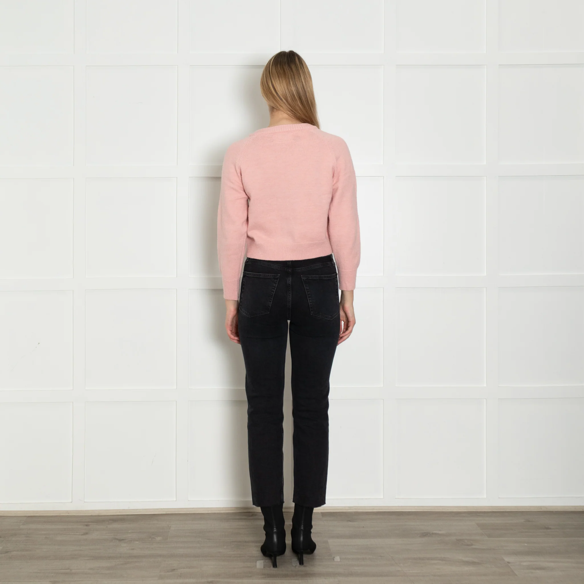 Sezane Pale Pink Black Velvet Heart Button Knitted Cardigan - Image 5