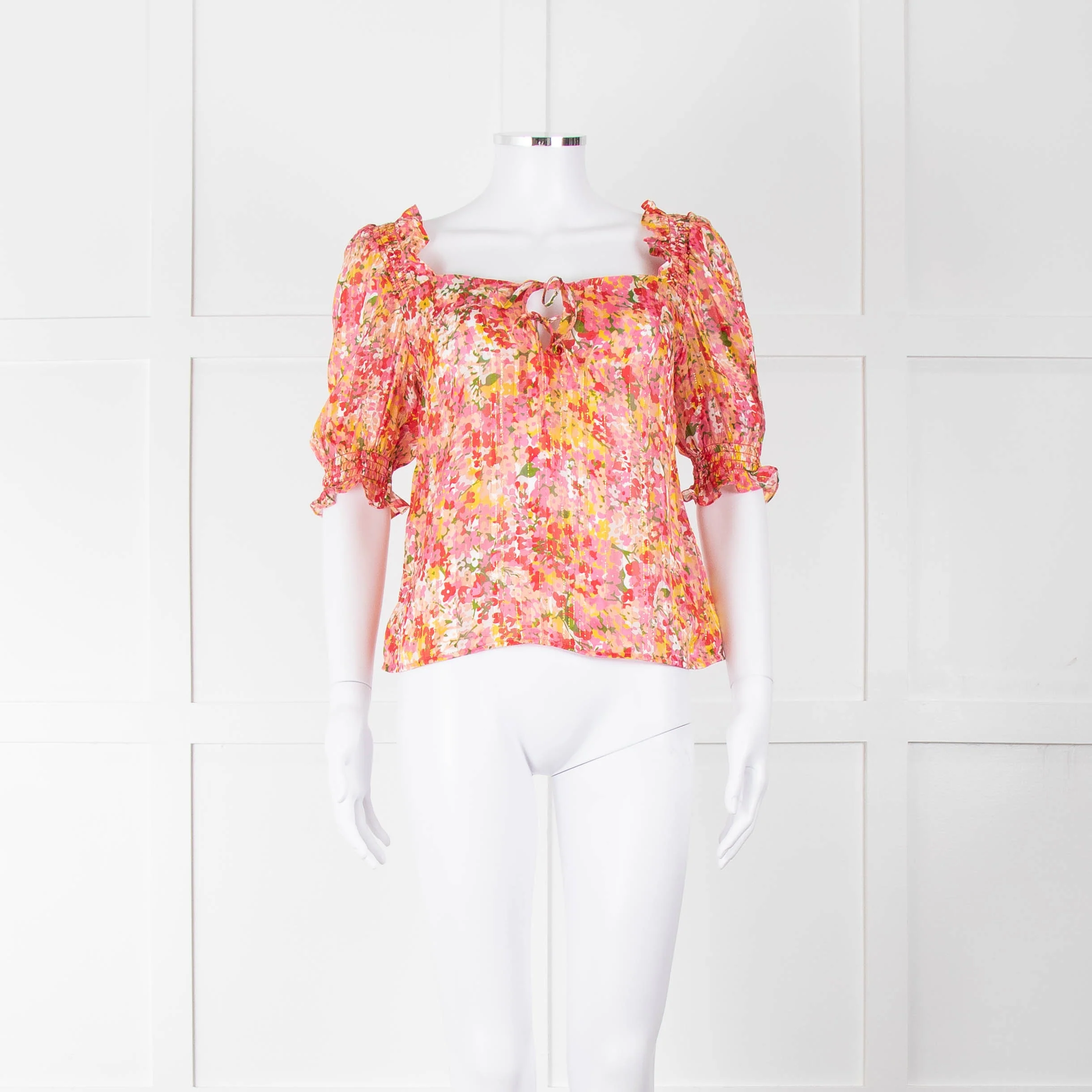 Sezane Pink Red Green Floral Silk Gold Lurex Stripe Top