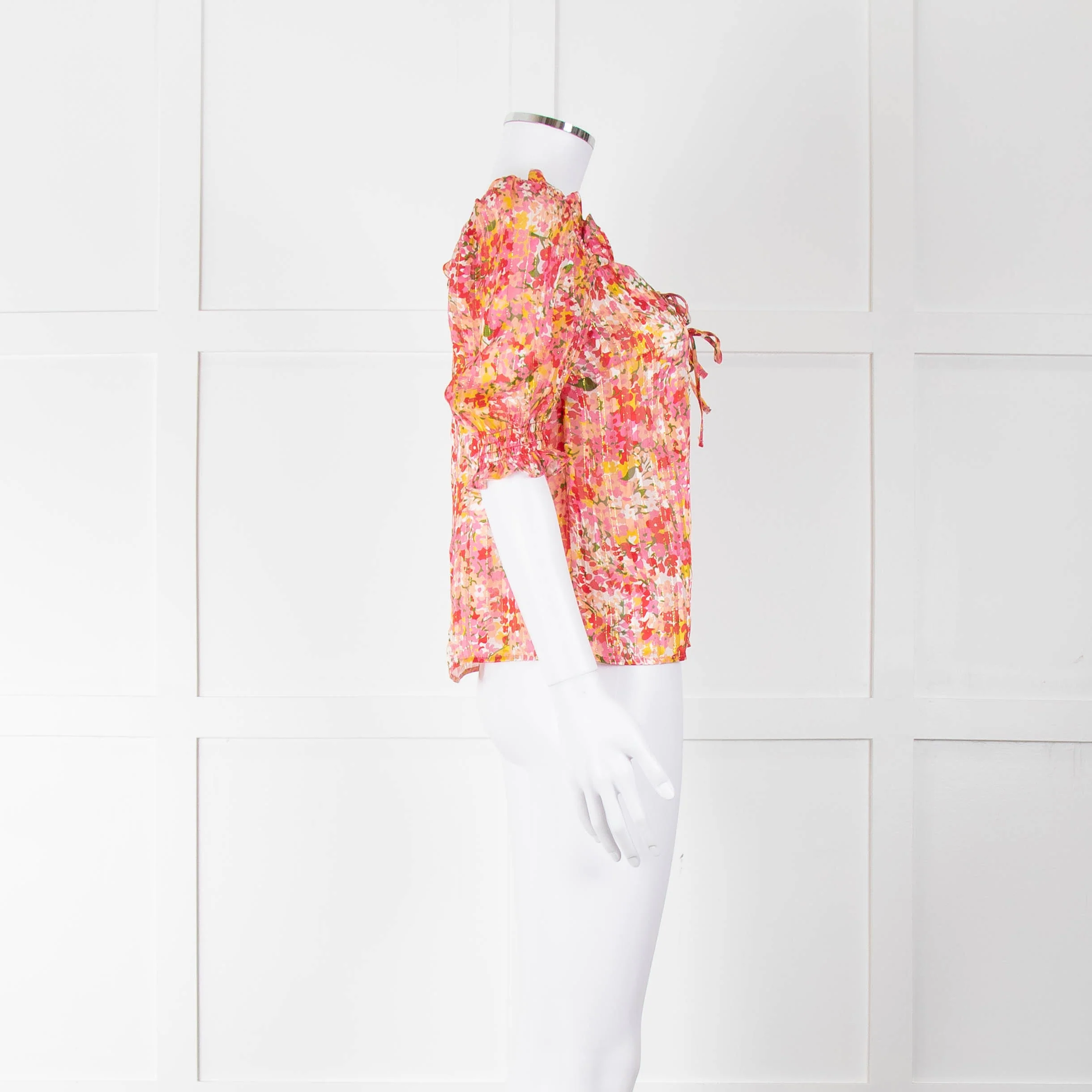 Sezane Pink Red Green Floral Silk Gold Lurex Stripe Top - Image 3