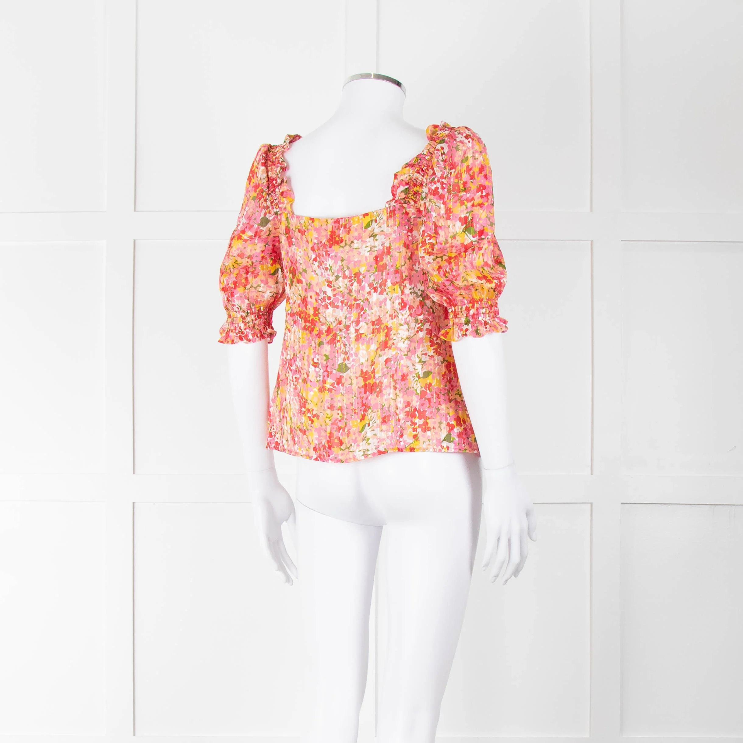Sezane Pink Red Green Floral Silk Gold Lurex Stripe Top - Image 4