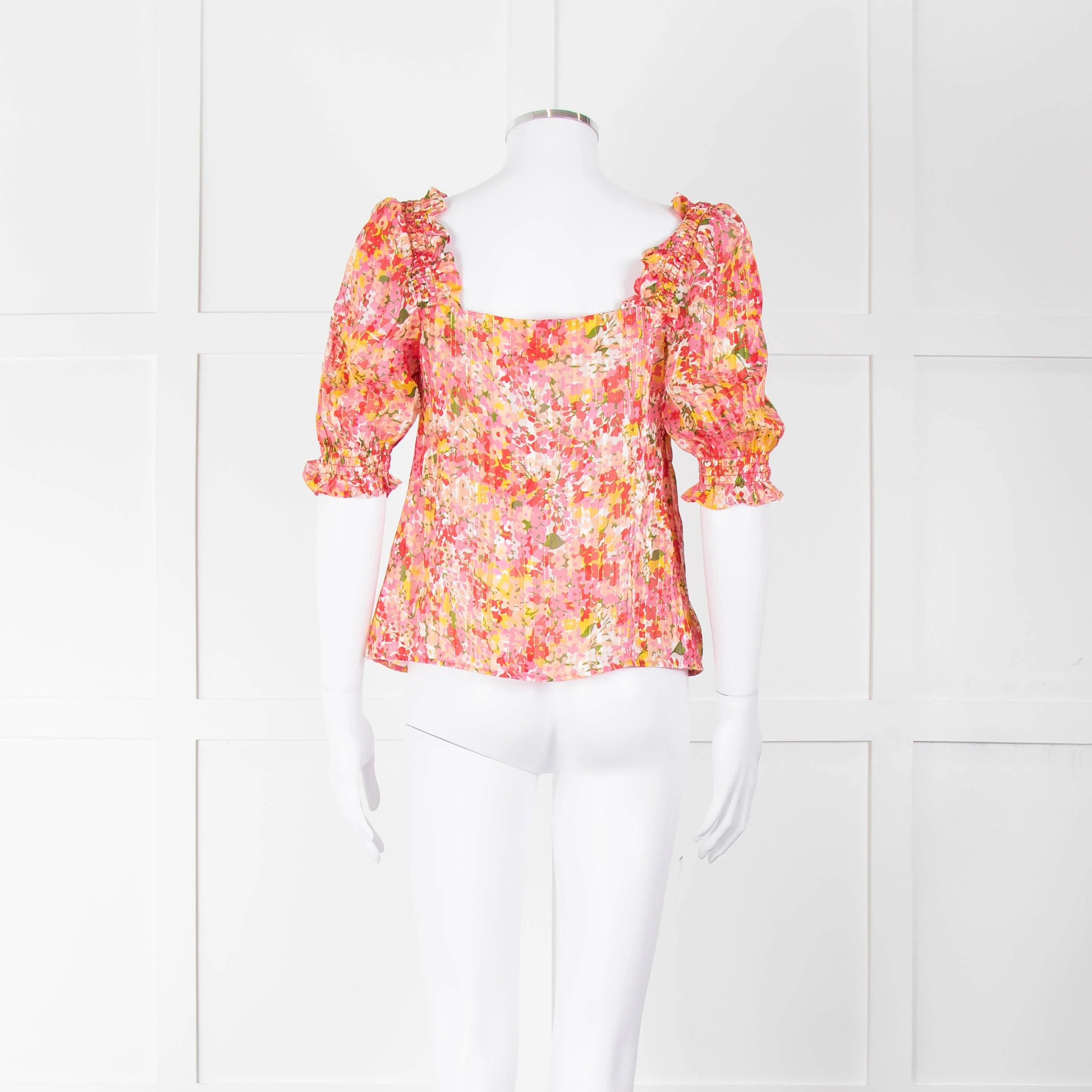 Sezane Pink Red Green Floral Silk Gold Lurex Stripe Top - Image 5