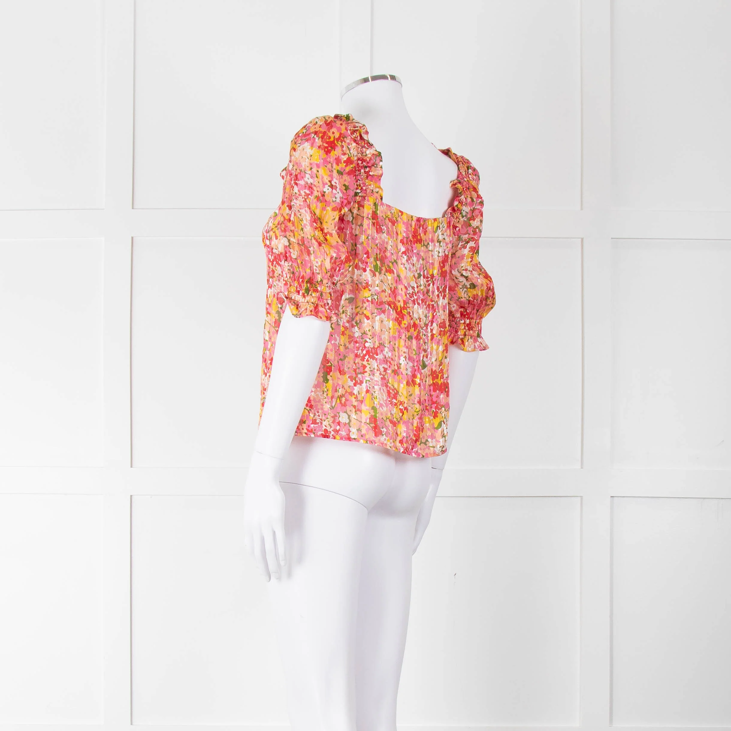Sezane Pink Red Green Floral Silk Gold Lurex Stripe Top - Image 6