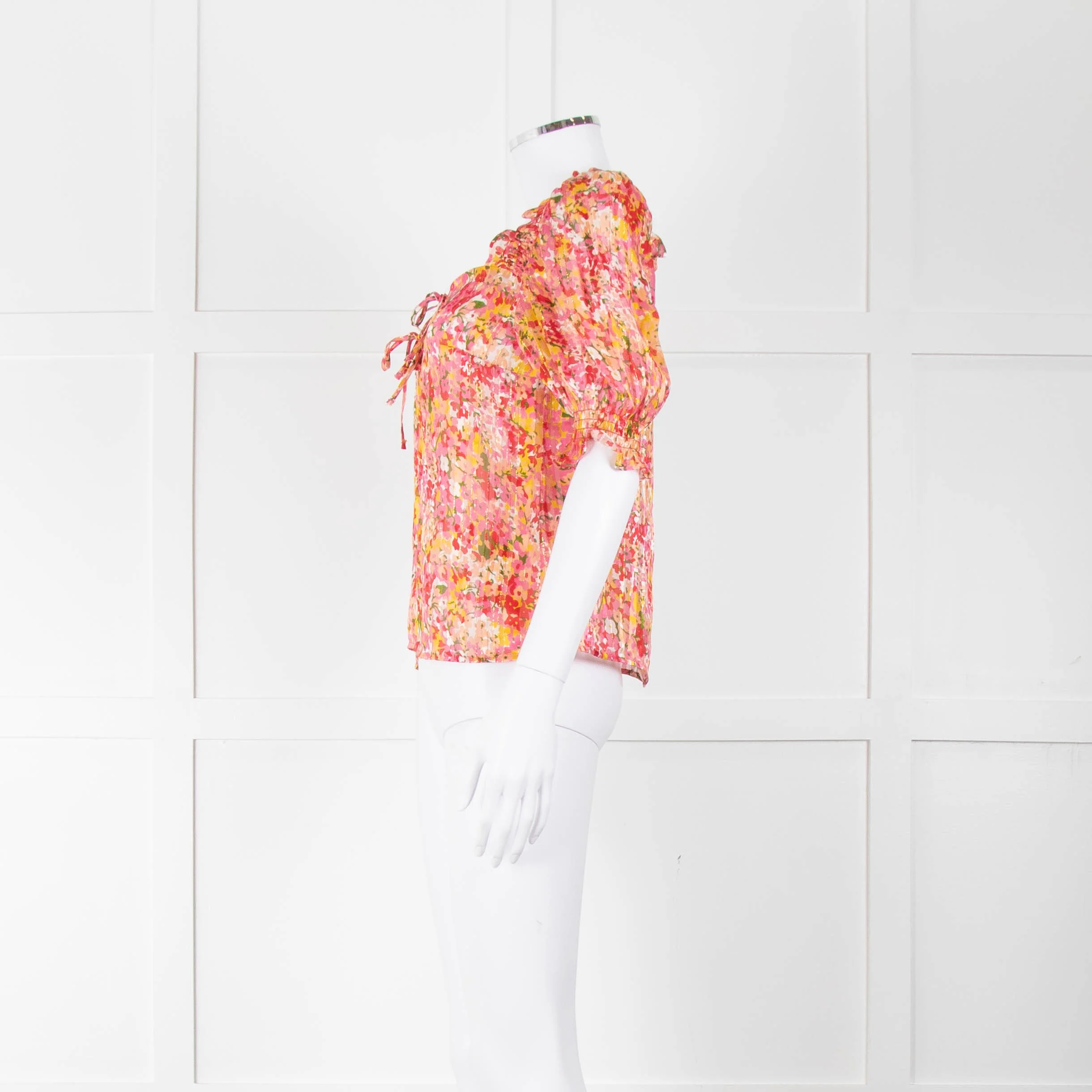 Sezane Pink Red Green Floral Silk Gold Lurex Stripe Top - Image 7