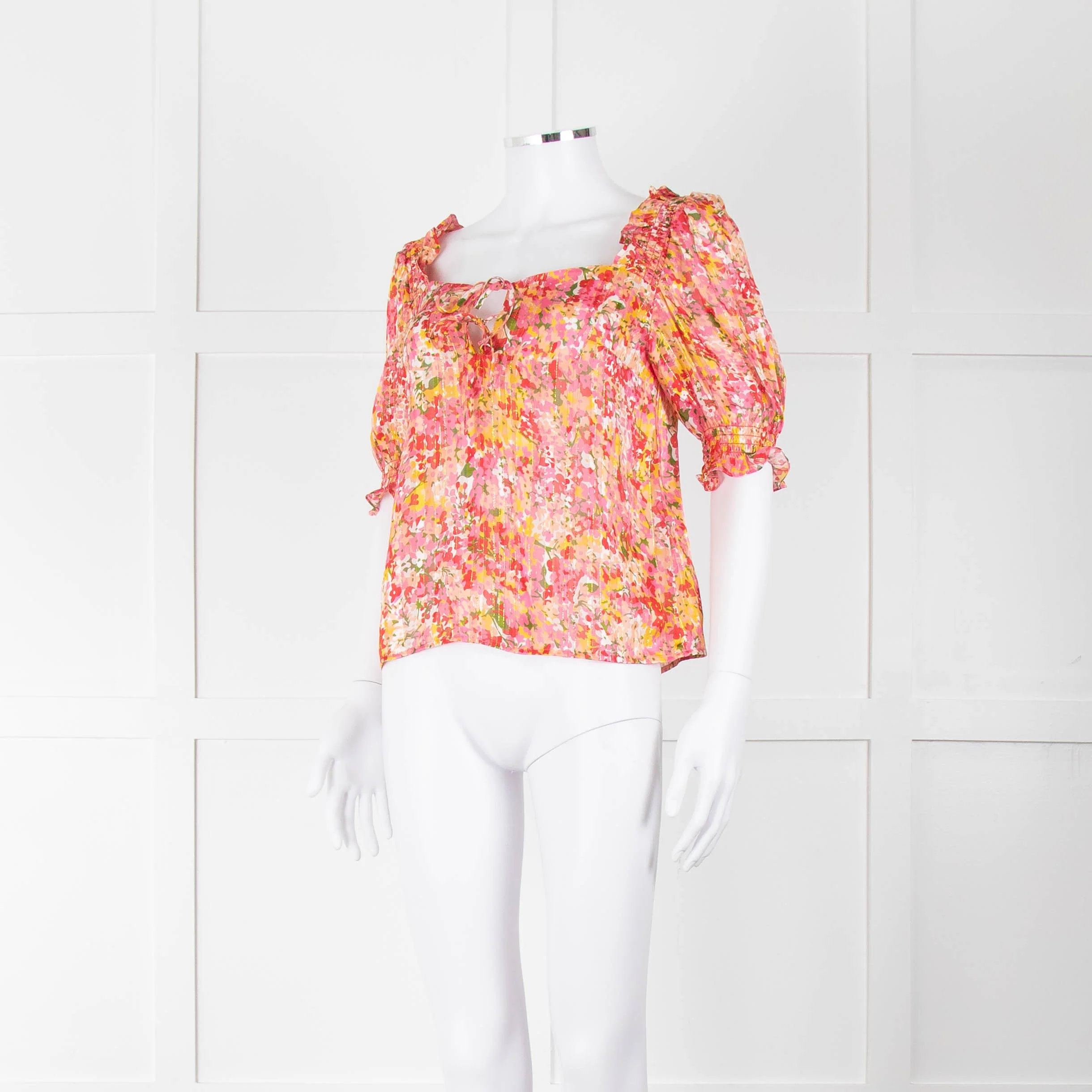 Sezane Pink Red Green Floral Silk Gold Lurex Stripe Top - Image 8