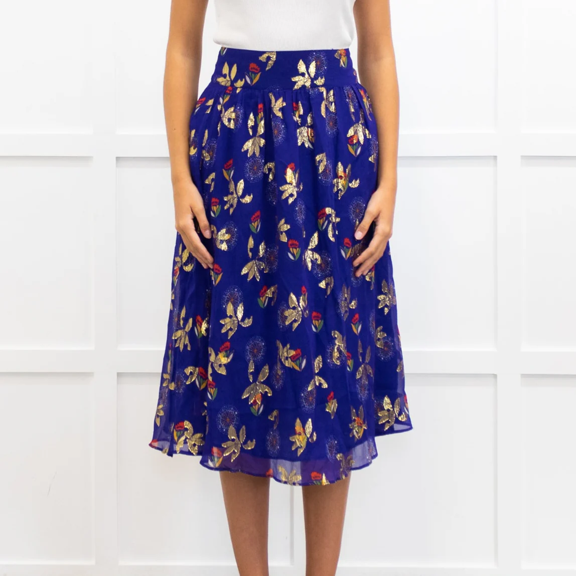 Sezane Purple Gold Leaf Midi Skirt - Image 2