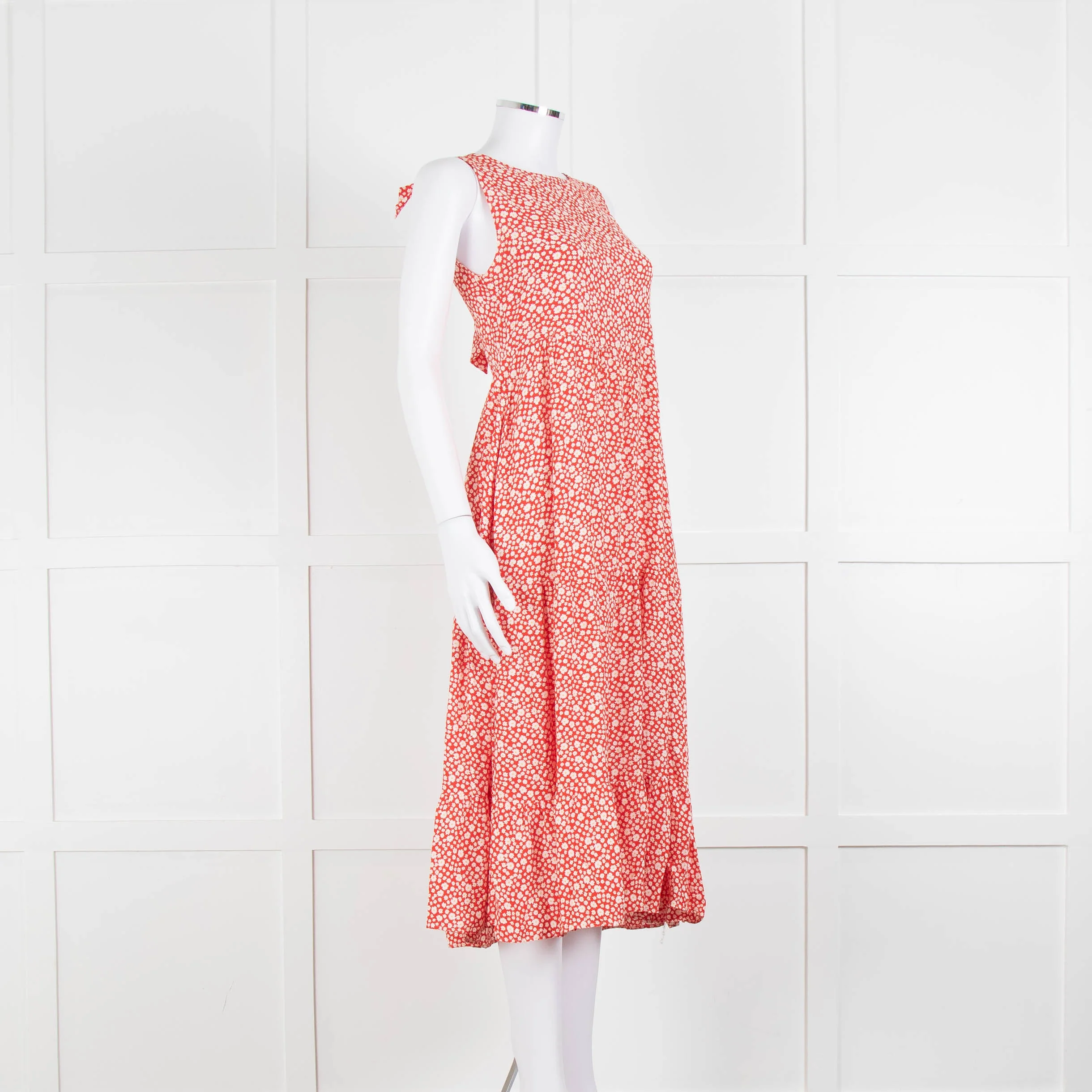 Sezane Red White Floral Sleeveless Tiered Dress - Image 2