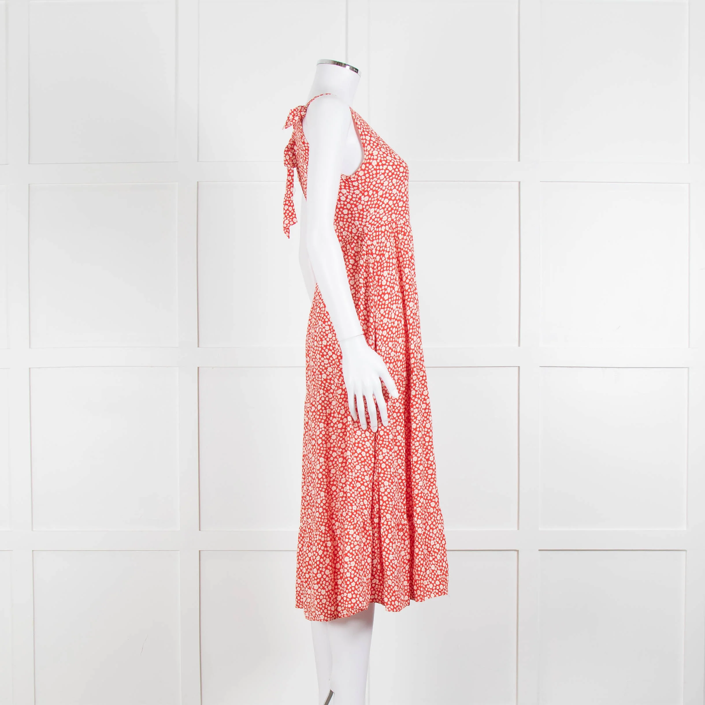 Sezane Red White Floral Sleeveless Tiered Dress - Image 3