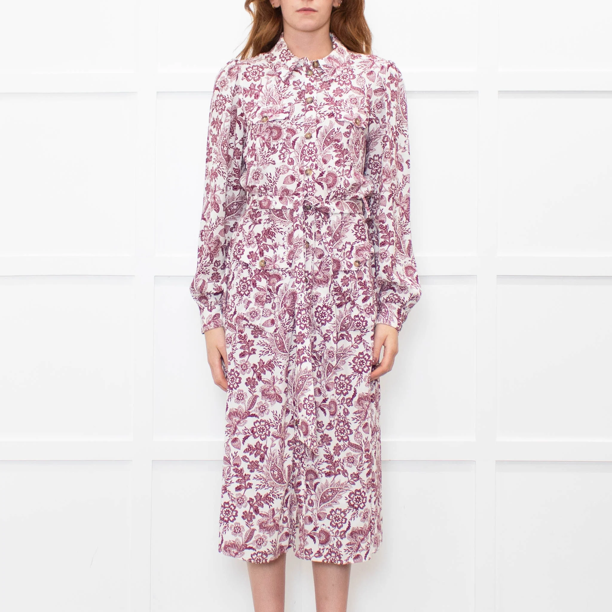 Sezane White Burgundy Floral Long Sleeve Belted Dress - Image 2