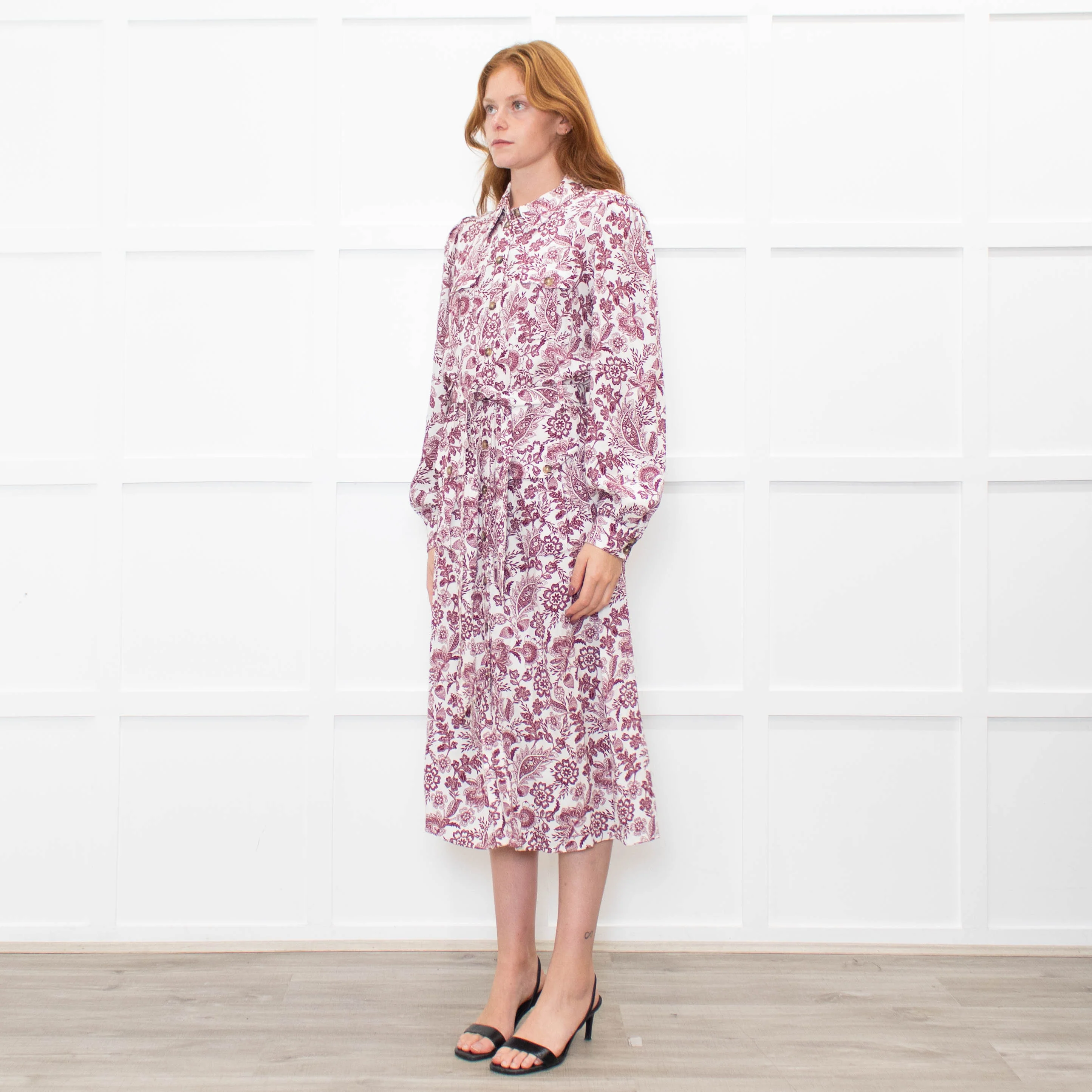Sezane White Burgundy Floral Long Sleeve Belted Dress - Image 3
