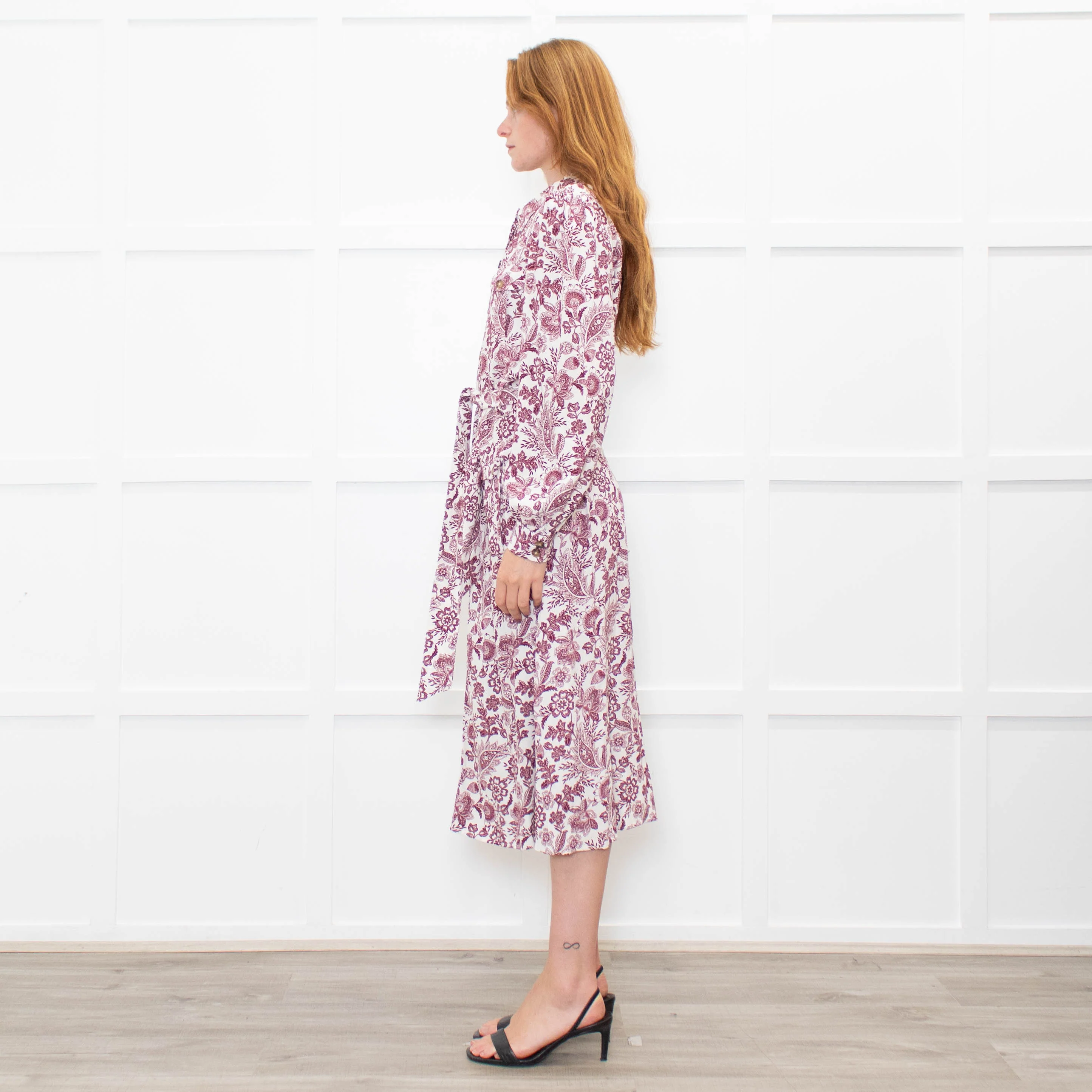 Sezane White Burgundy Floral Long Sleeve Belted Dress - Image 4