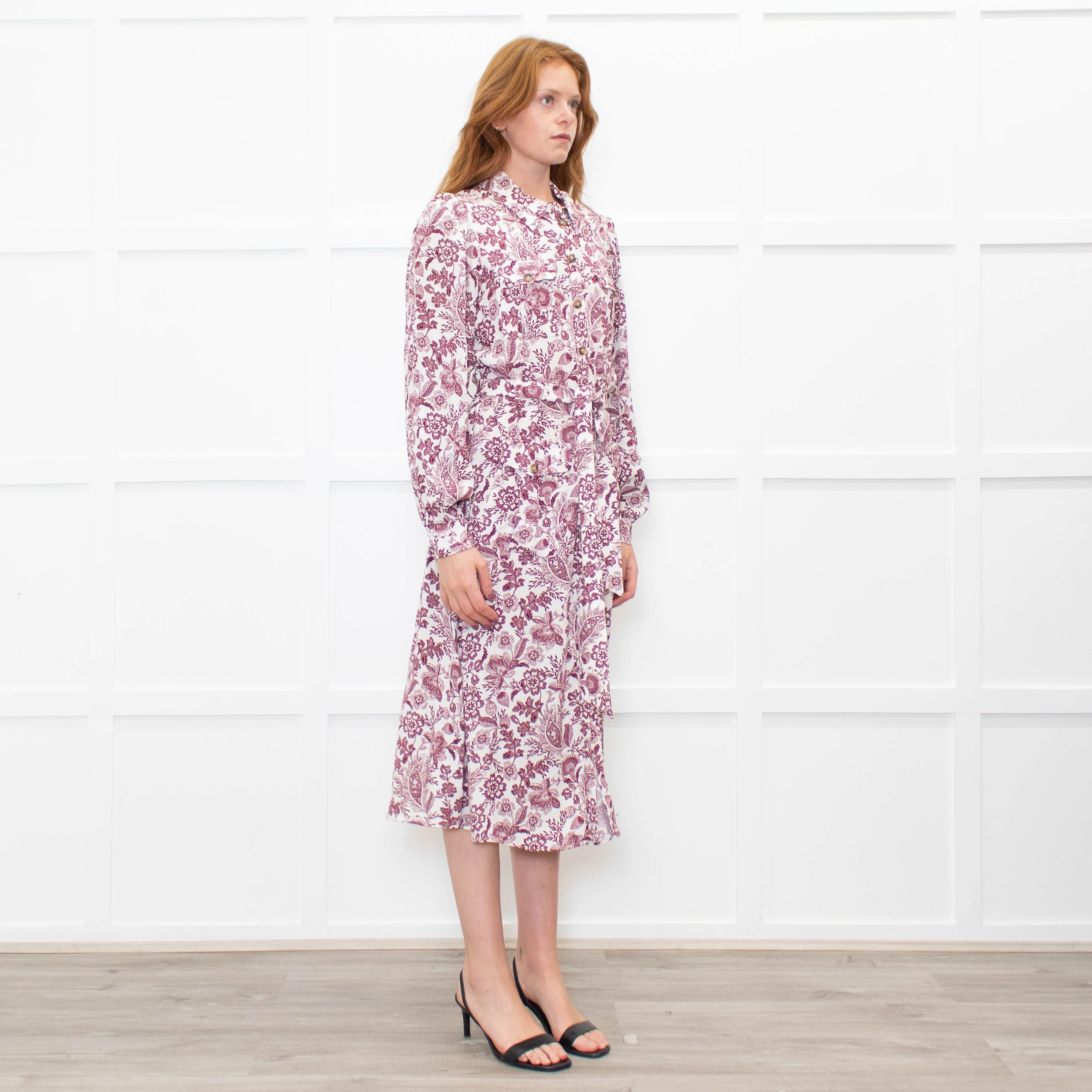 Sezane White Burgundy Floral Long Sleeve Belted Dress - Image 7
