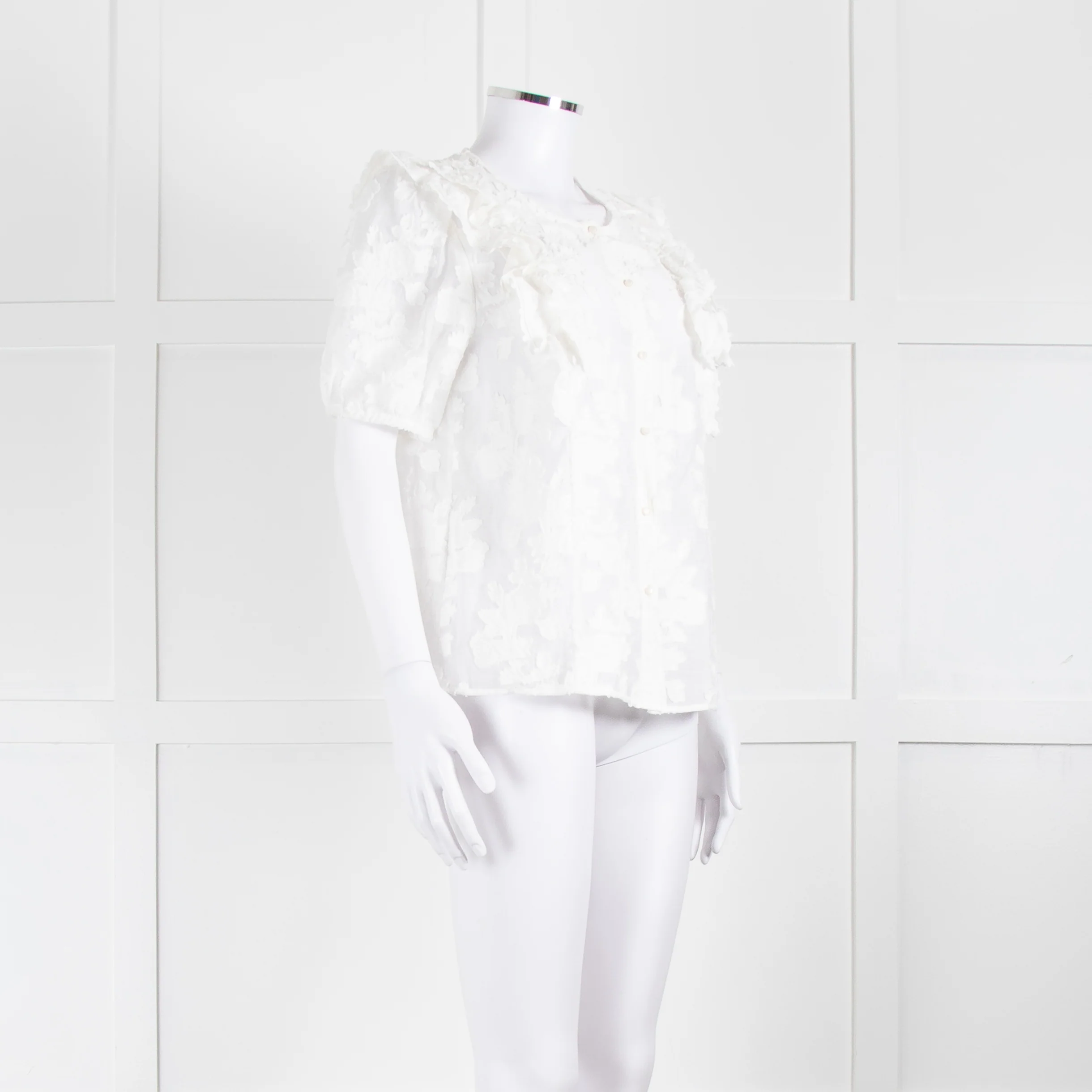 Sezane White Cotton Blend Flower Frill  Short Sleeve Blouse - Image 2