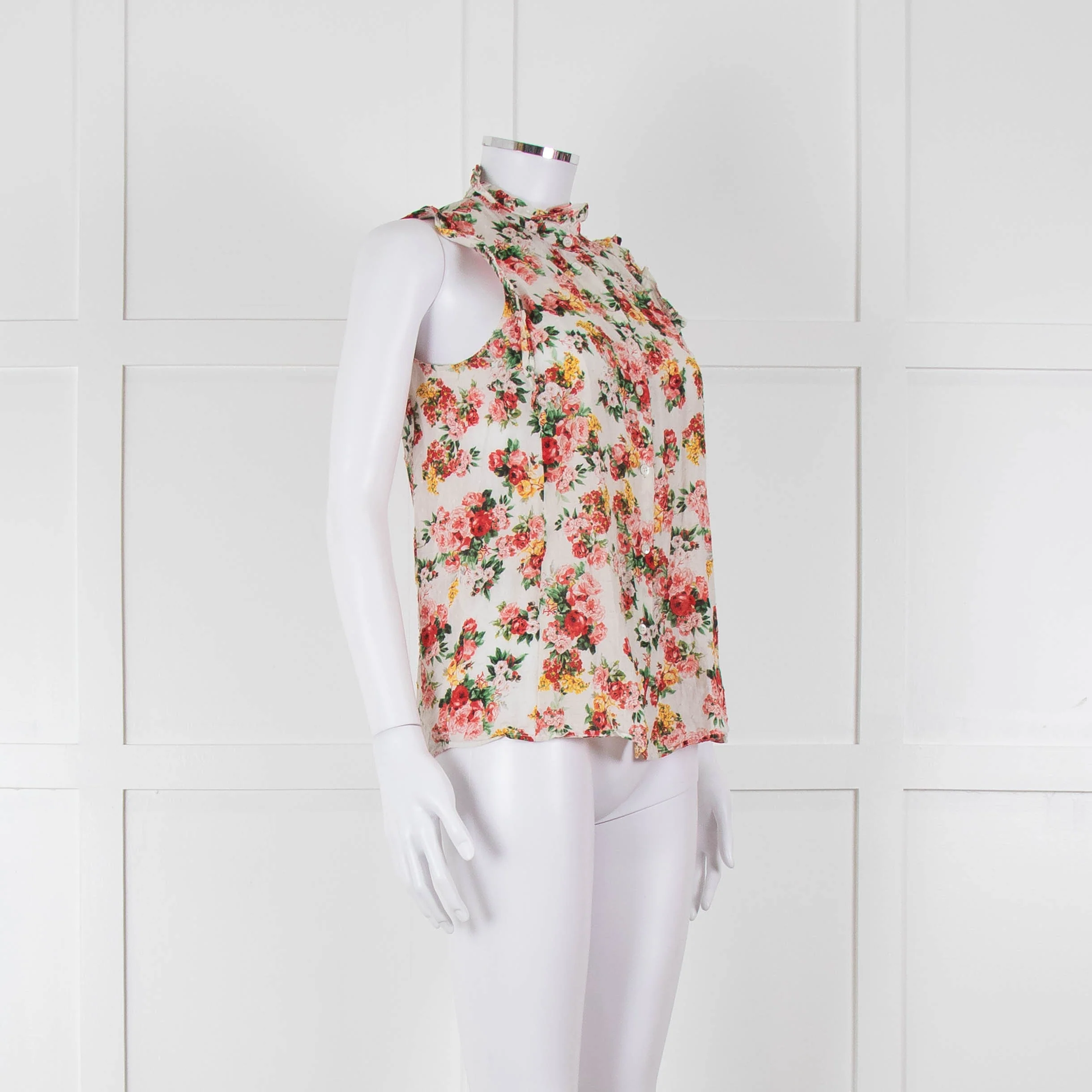 Sezane White Red Floral Frill Trim Sleeveless Cotton Top - Image 2