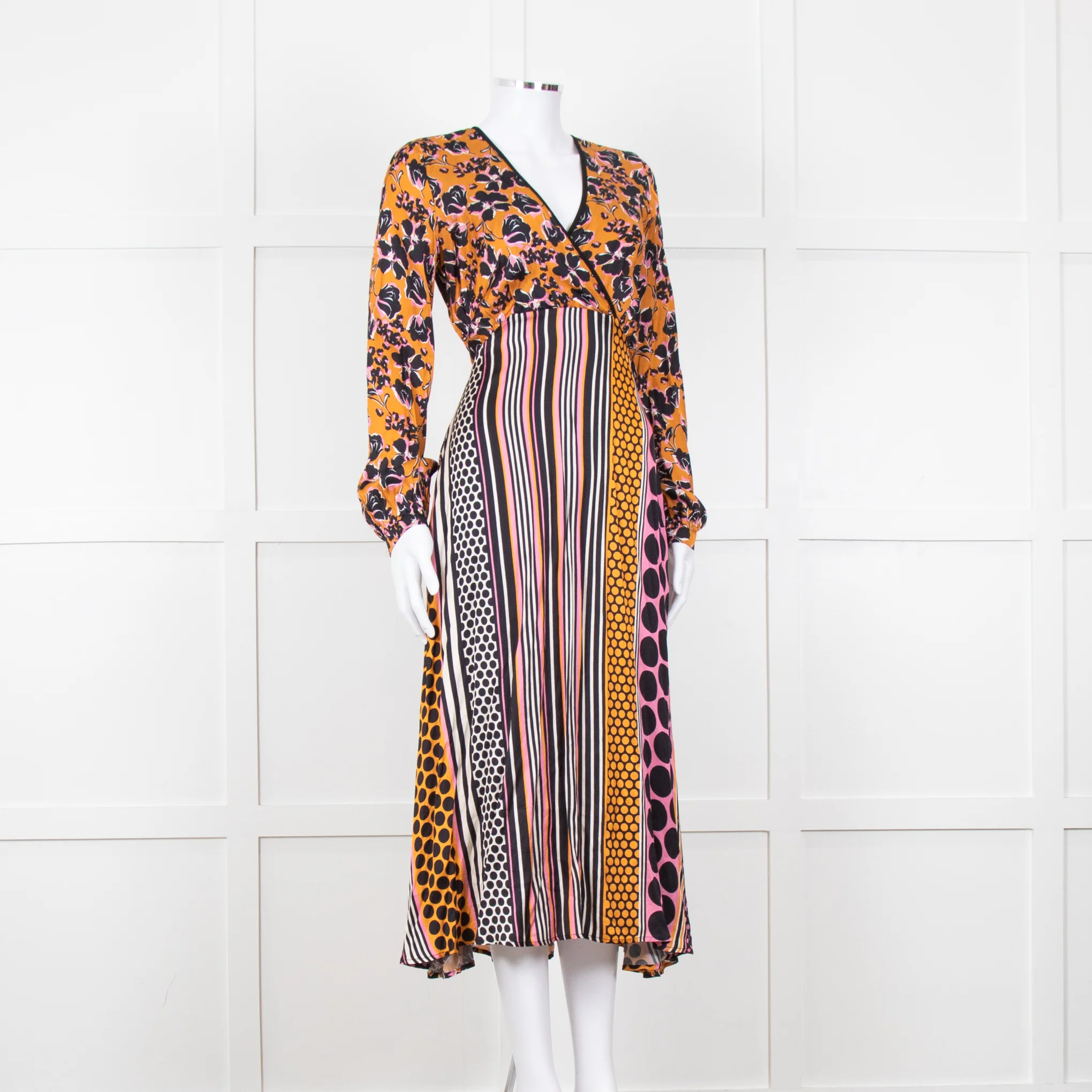 SFIZIO cramel Black Pink Multi Print V-Necked Dress - Image 8