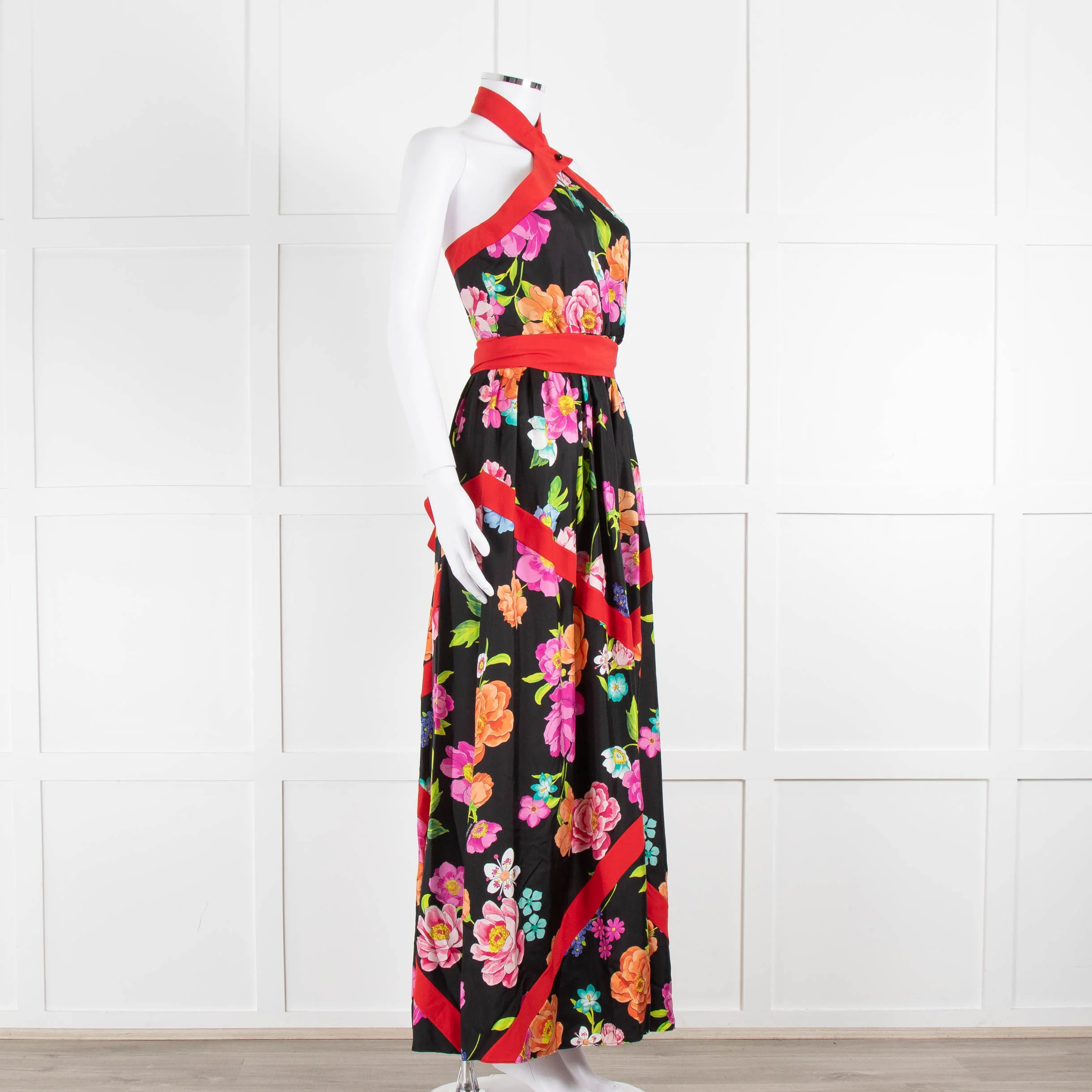 Shanghai Tang Black Silk Multi Flower Print Halter Neck Maxi Dress - Image 2