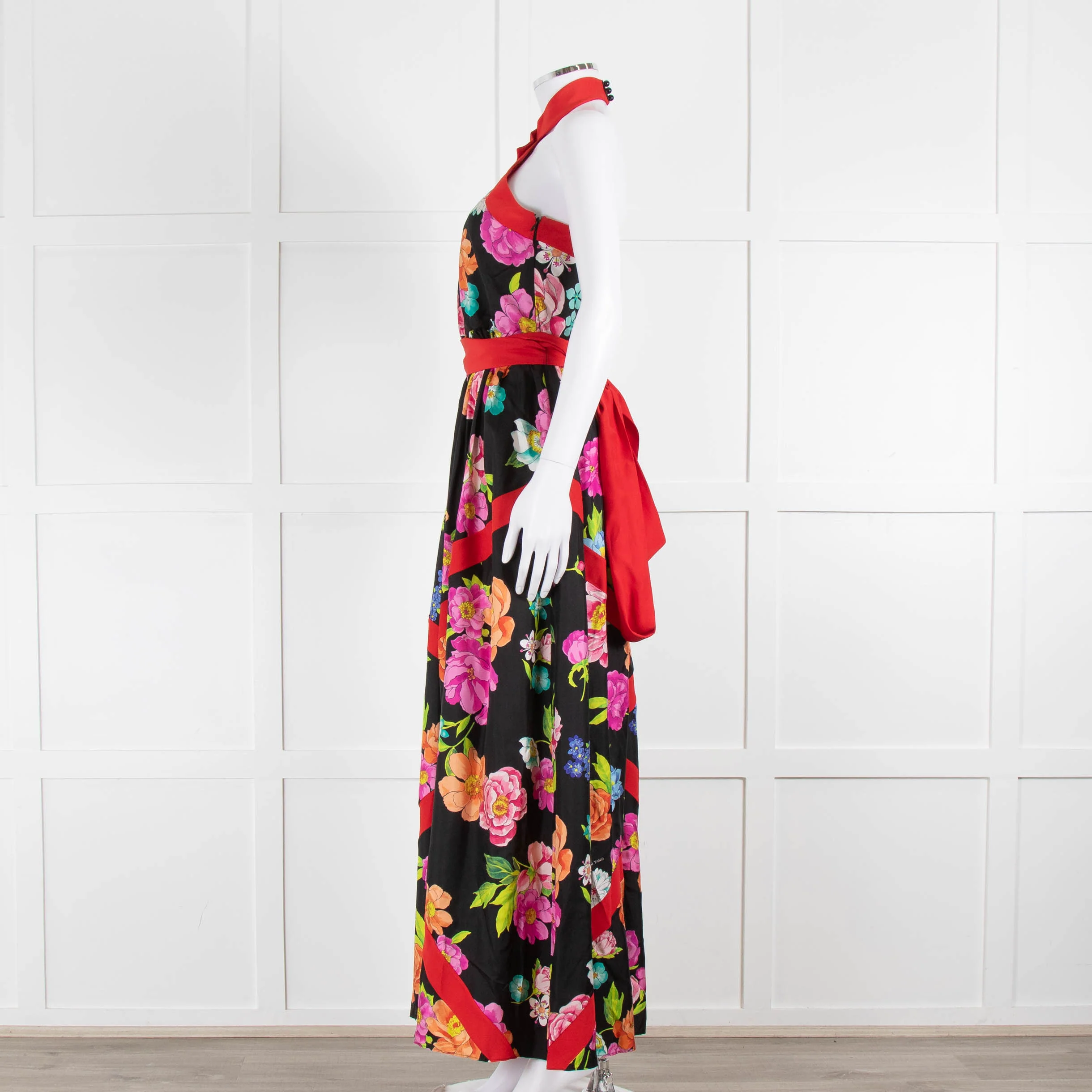 Shanghai Tang Black Silk Multi Flower Print Halter Neck Maxi Dress - Image 7