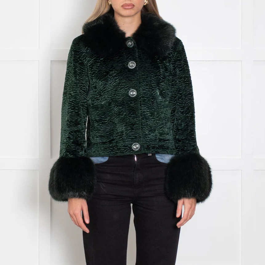 Shrimps Bottle Green Velvet Faux Fur Collar+Sleeve Jacket - Image 2