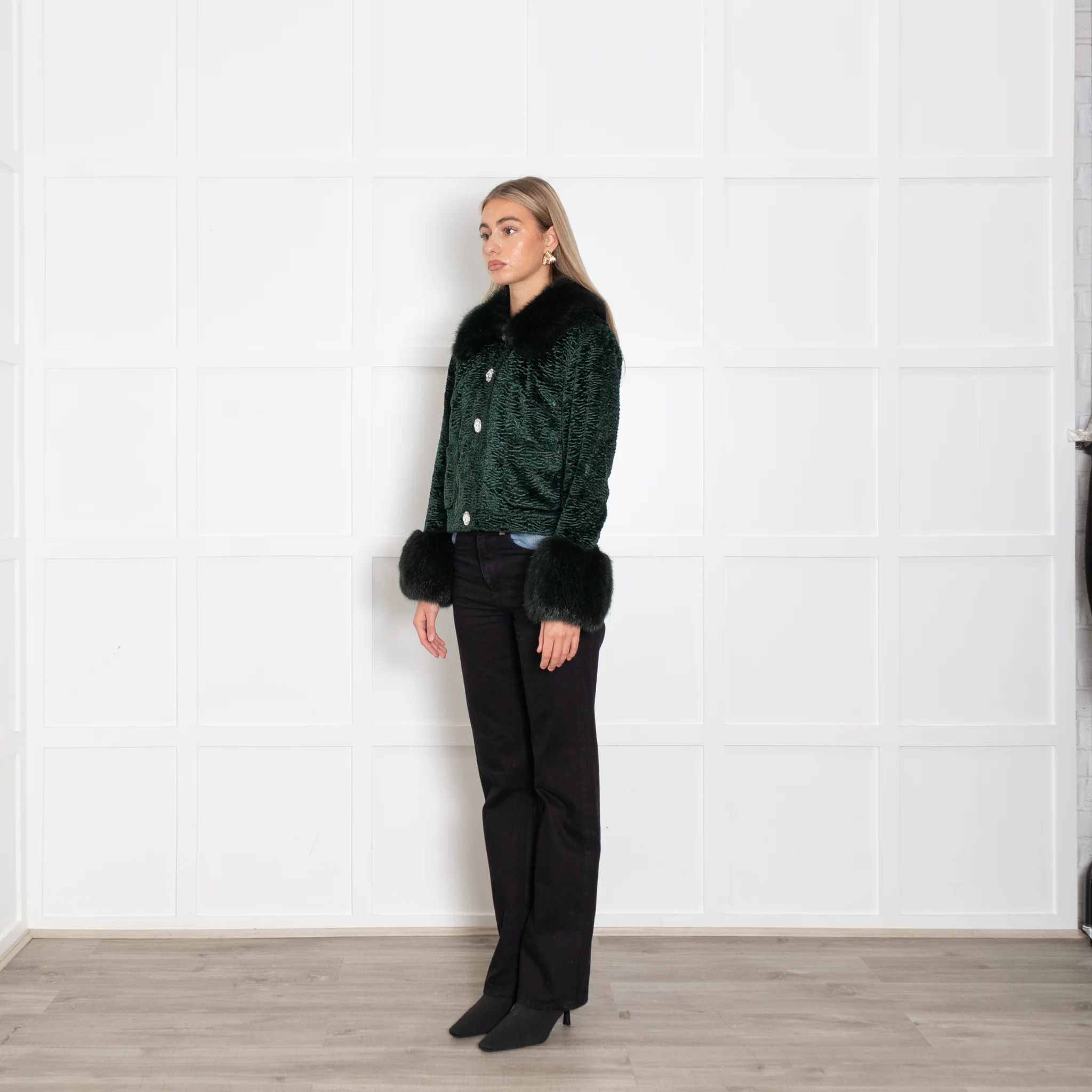 Shrimps Bottle Green Velvet Faux Fur Collar+Sleeve Jacket - Image 3
