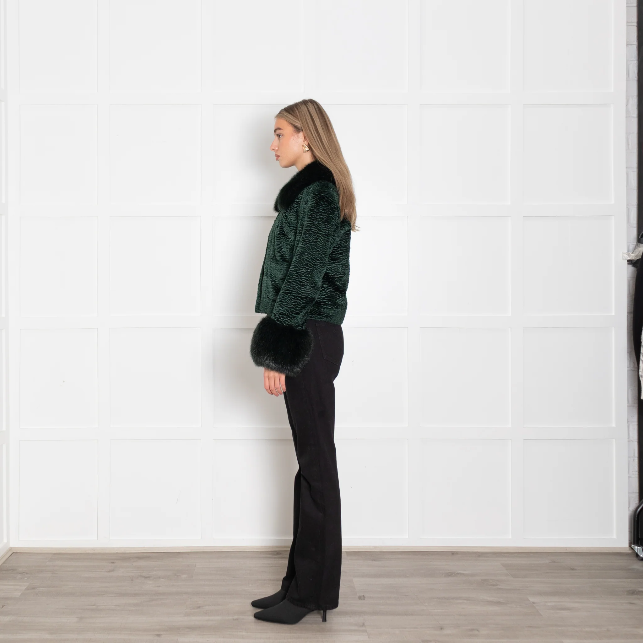 Shrimps Bottle Green Velvet Faux Fur Collar+Sleeve Jacket - Image 4