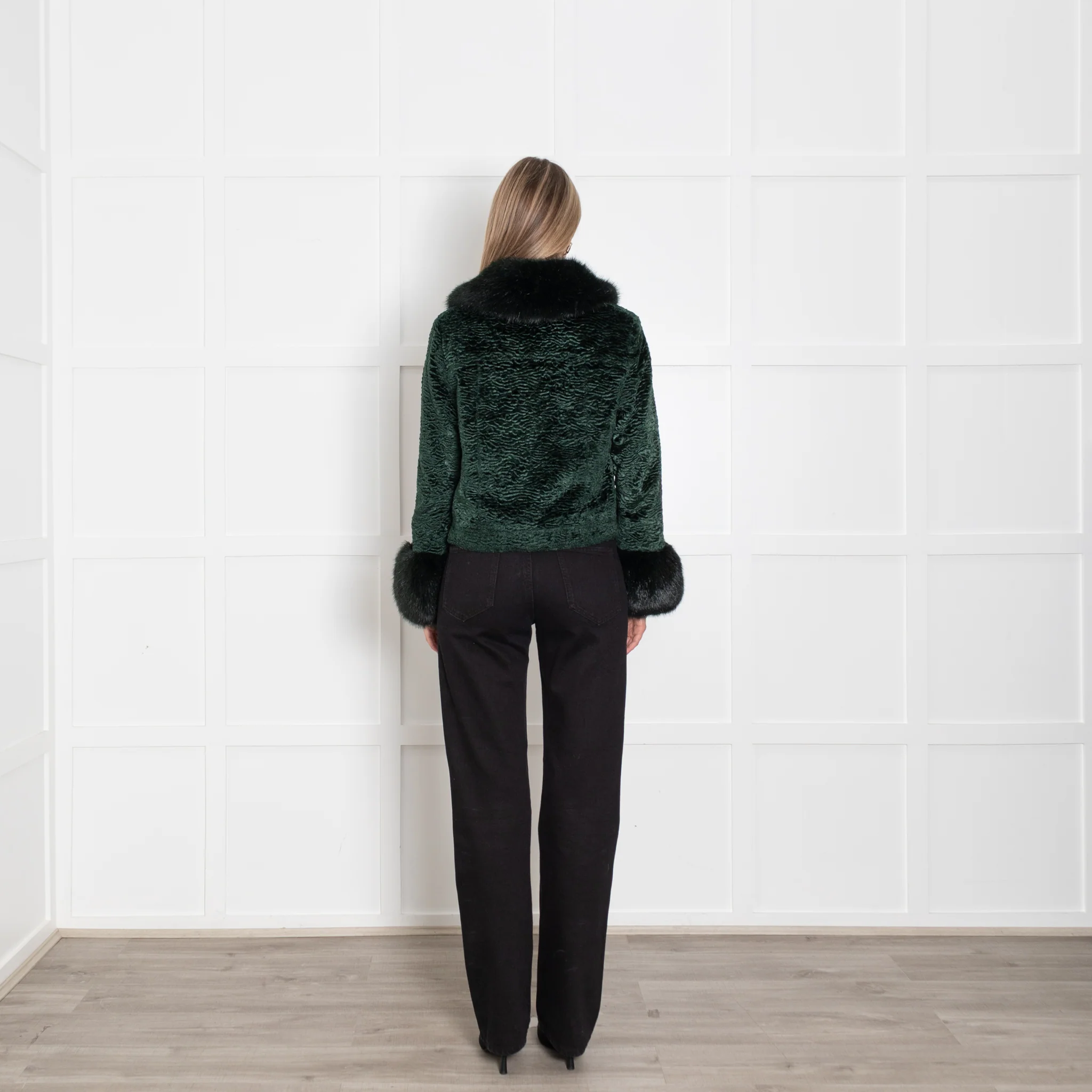 Shrimps Bottle Green Velvet Faux Fur Collar+Sleeve Jacket - Image 5