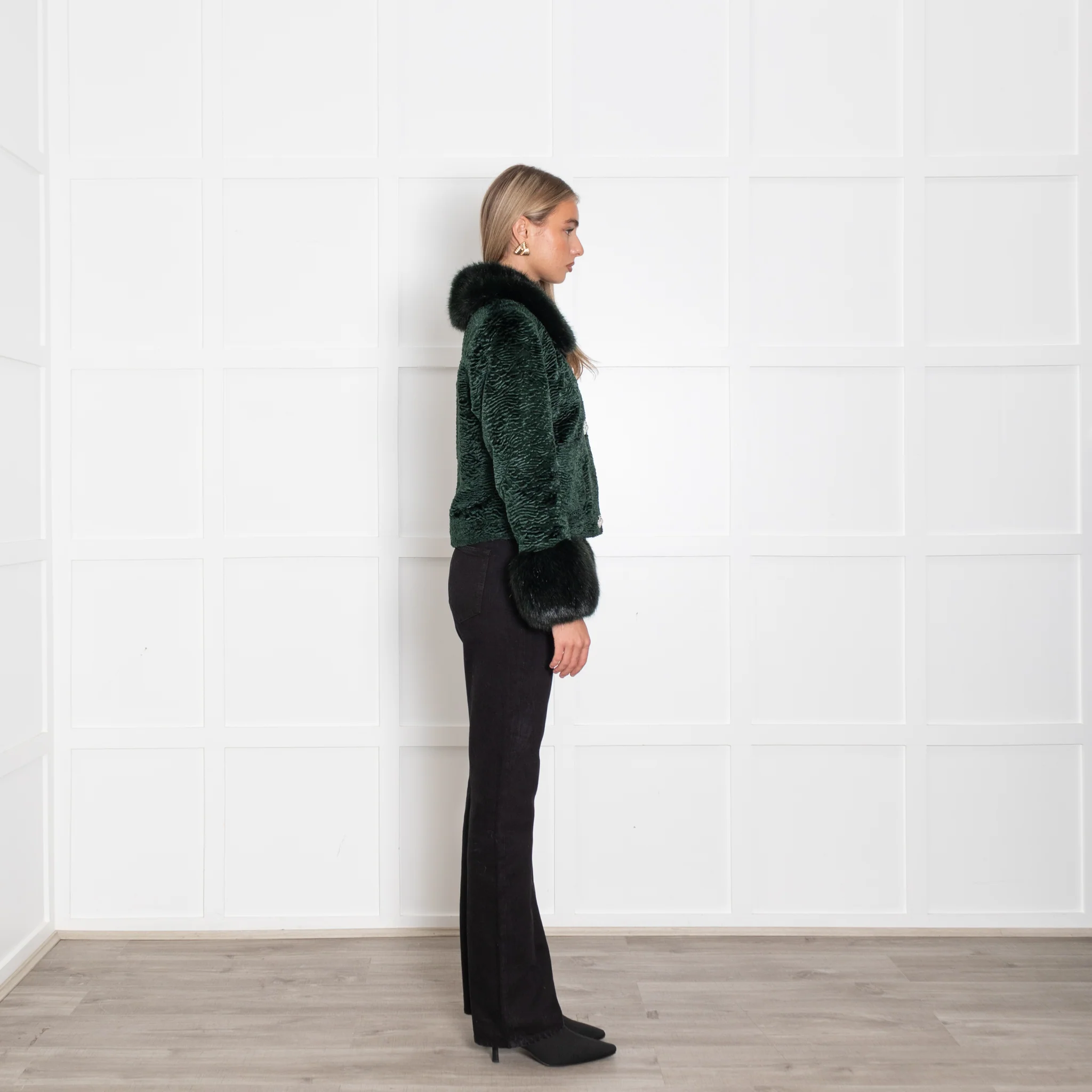 Shrimps Bottle Green Velvet Faux Fur Collar+Sleeve Jacket - Image 6