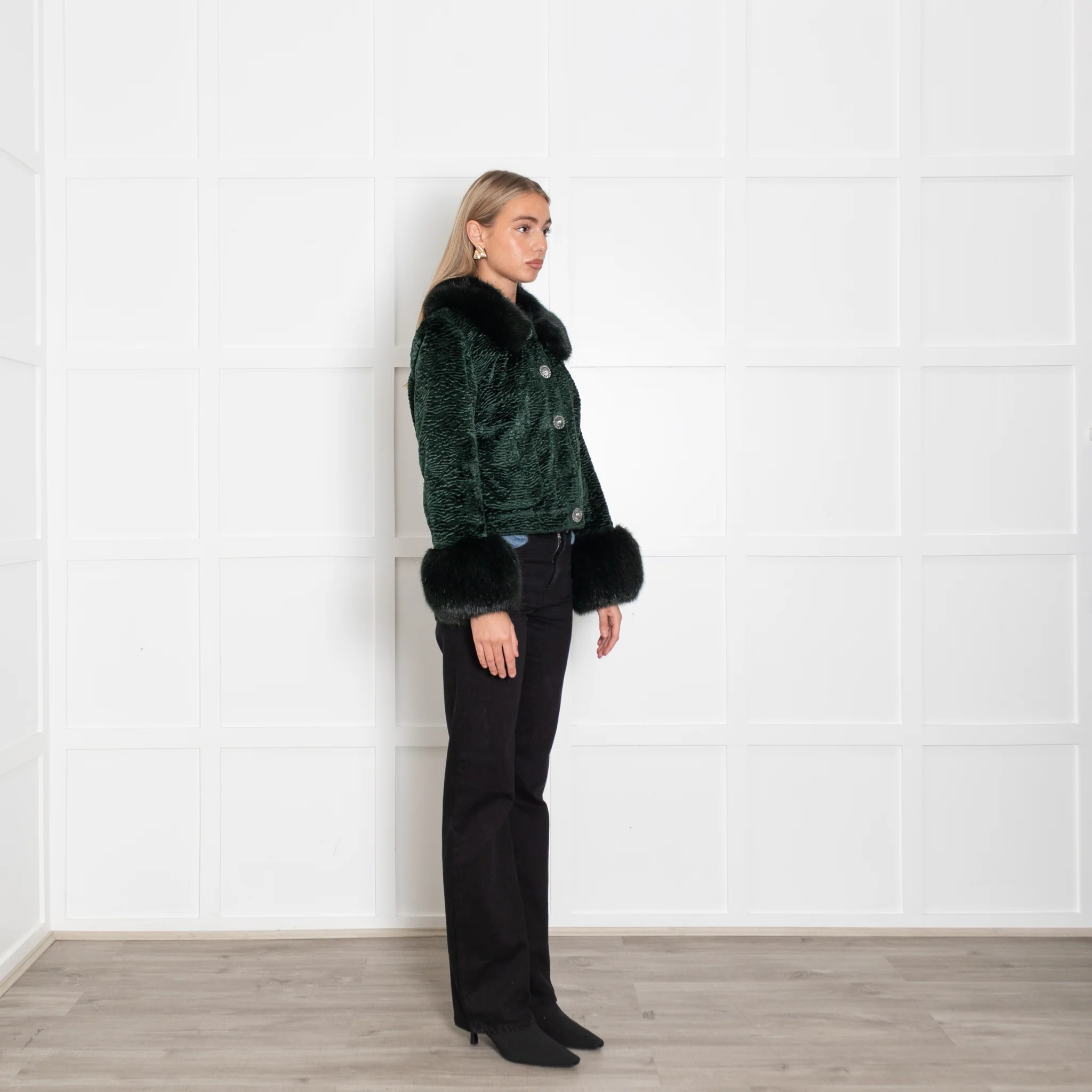 Shrimps Bottle Green Velvet Faux Fur Collar+Sleeve Jacket - Image 7
