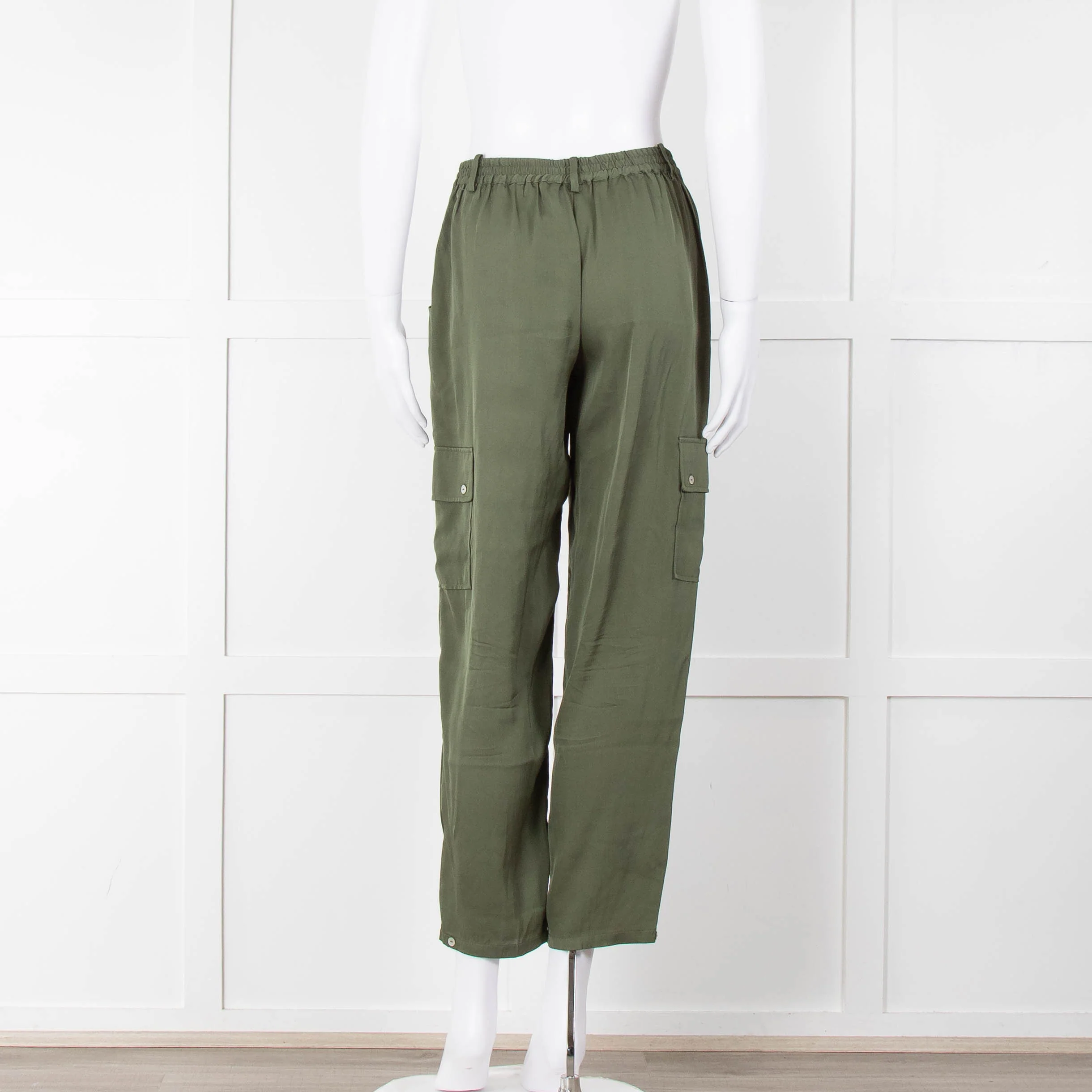 Silk95Five Khaki Green Silk Cargo Trousers - Image 5