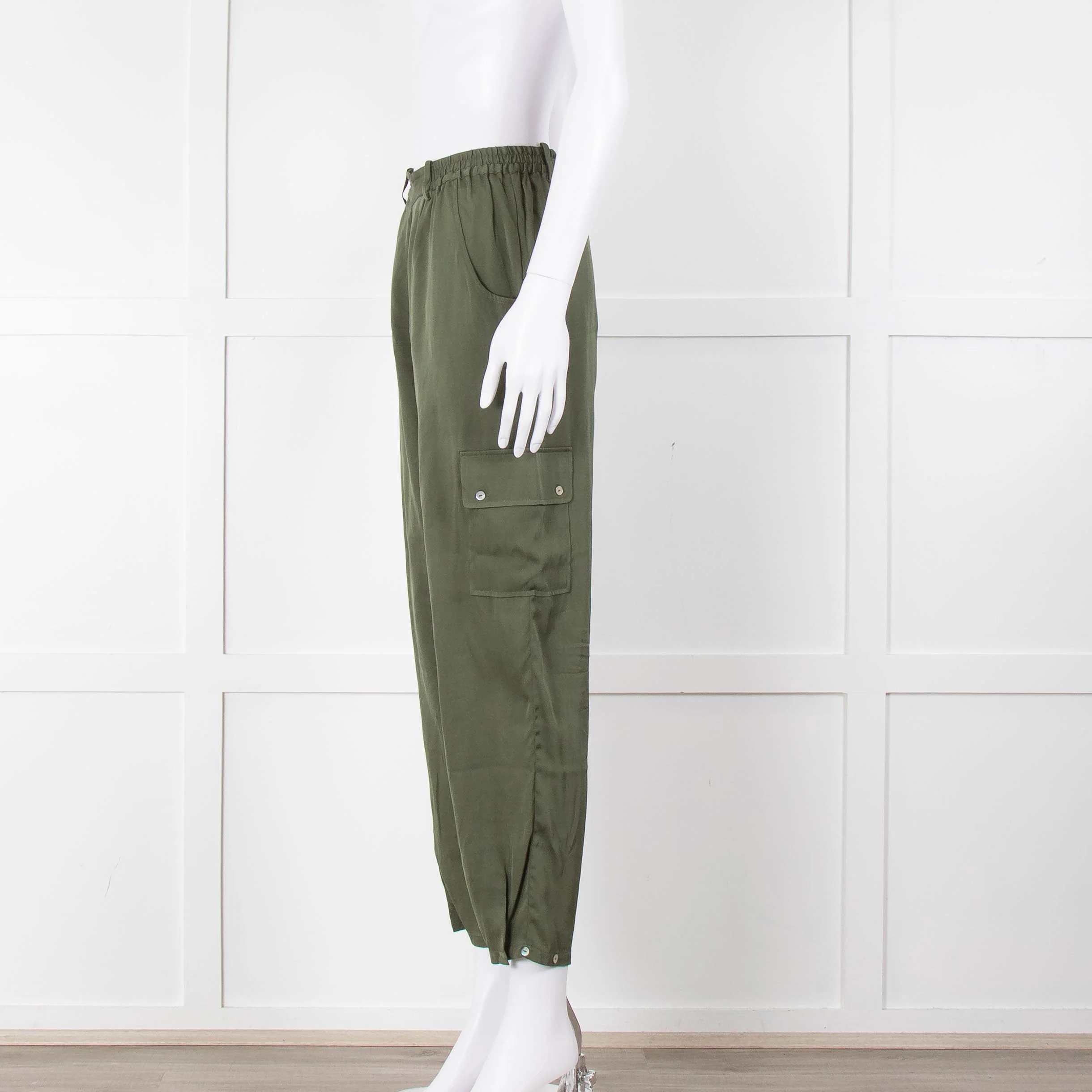 Silk95Five Khaki Green Silk Cargo Trousers - Image 7