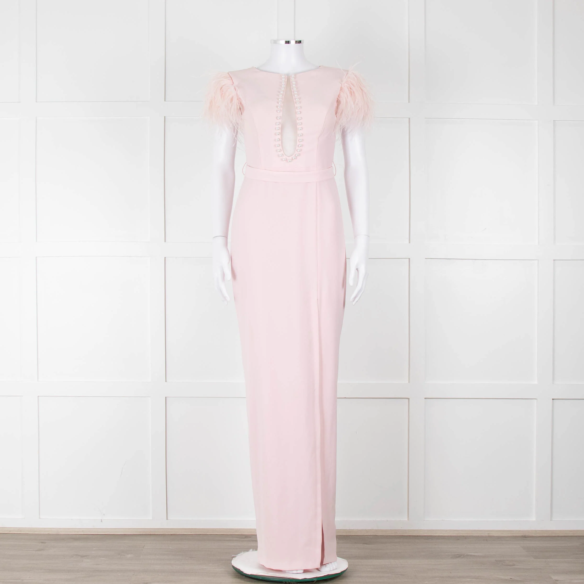 Silvia Navarro Landon Pink Long Dress With Pink Feather Shoulders