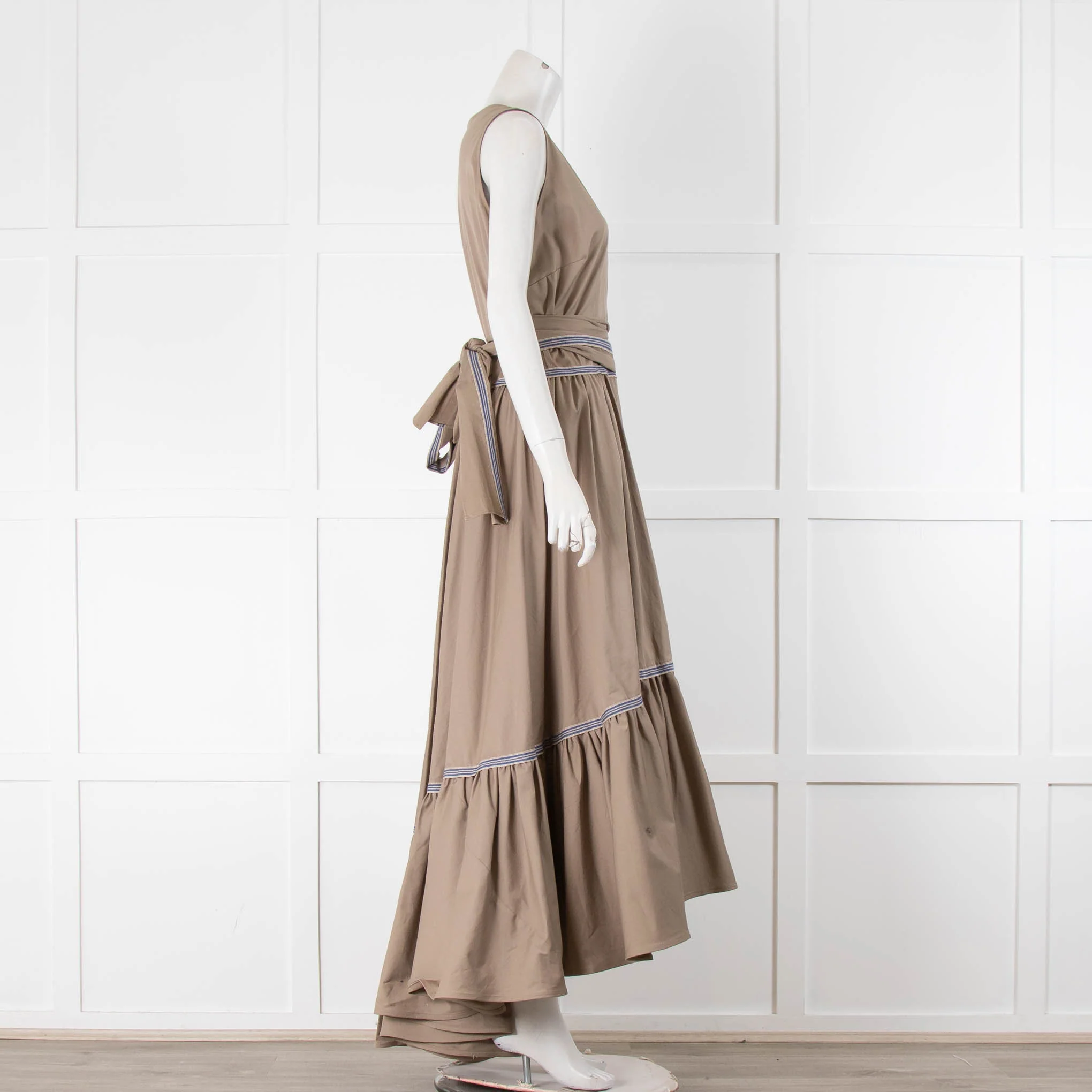 Silvia Tcherassi Khaki Wraparound Sleeveless Dress Wtih Blue Trim - Image 2