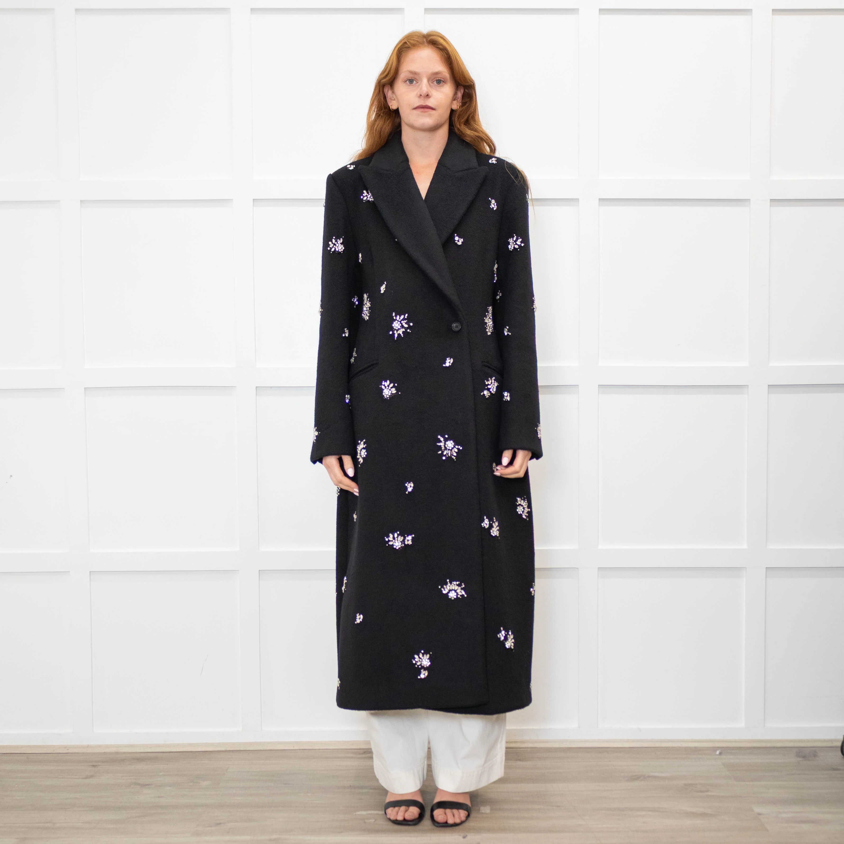 Simkhai Black Wool Blend Crystal Flower Black Sequin Detail Long Coat