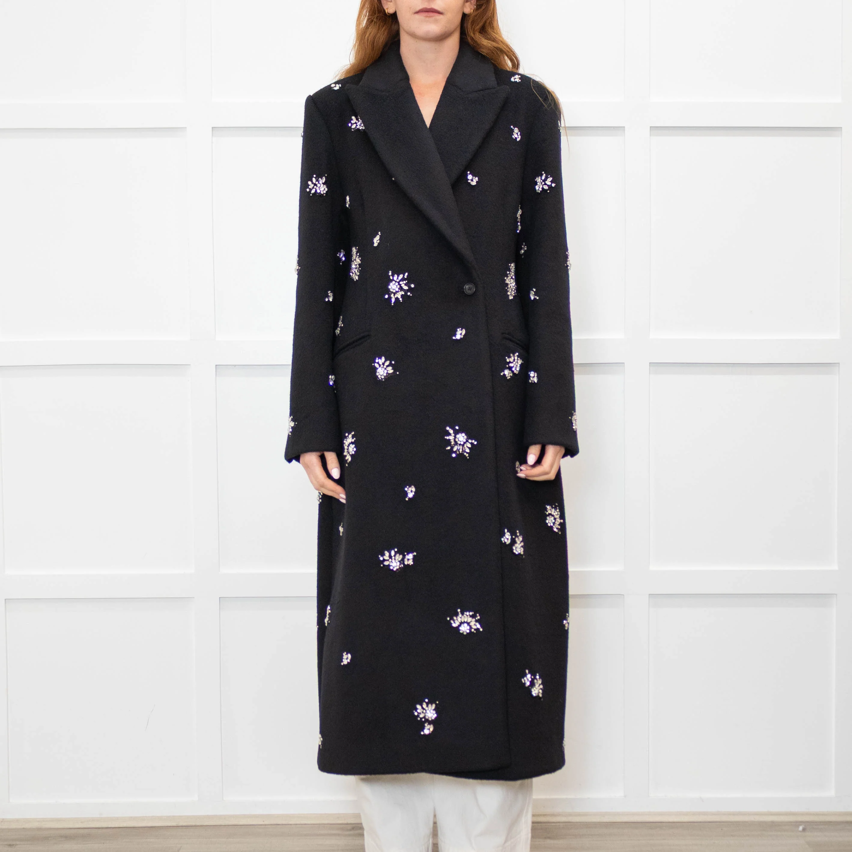 Simkhai Black Wool Blend Crystal Flower Black Sequin Detail Long Coat - Image 2