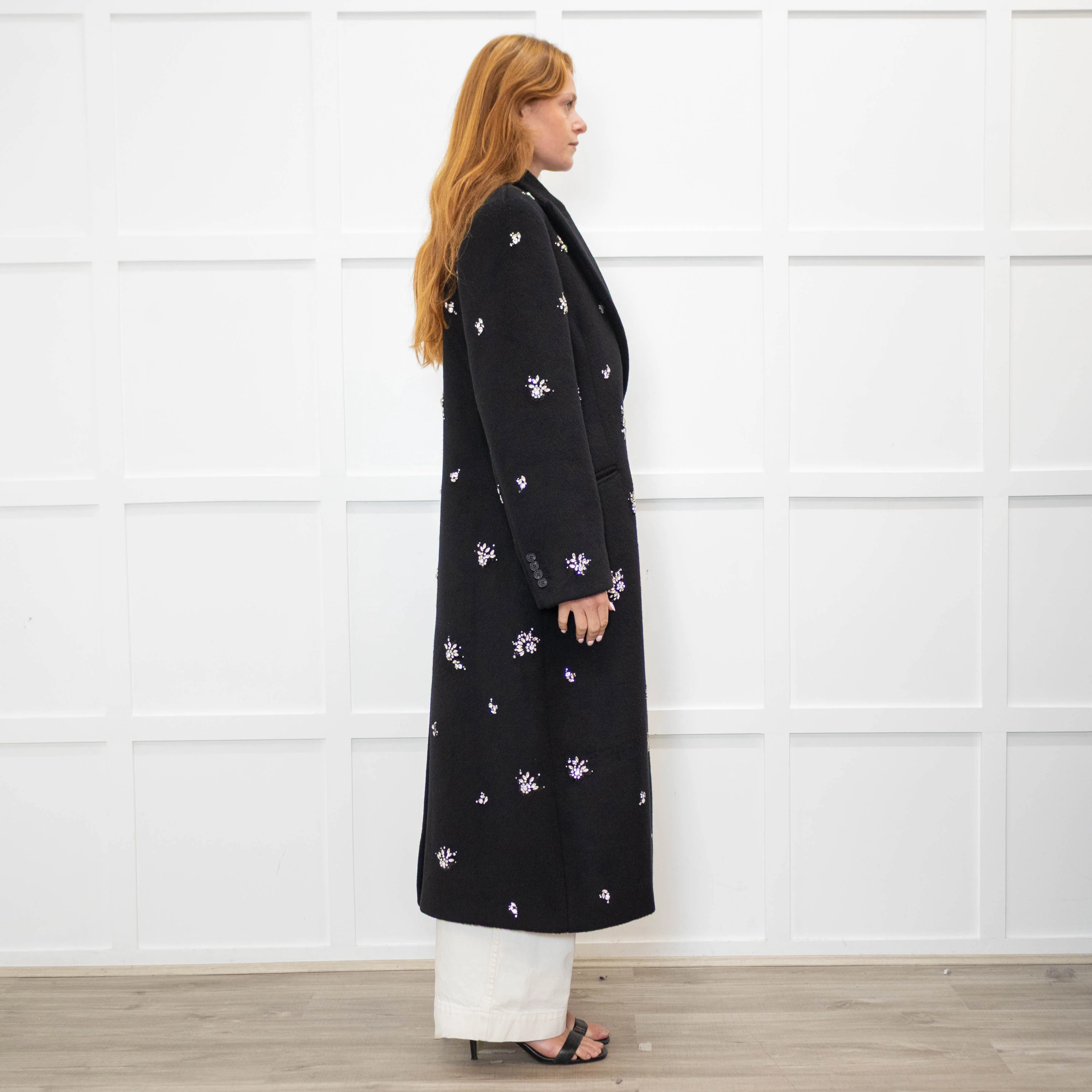 Simkhai Black Wool Blend Crystal Flower Black Sequin Detail Long Coat - Image 6