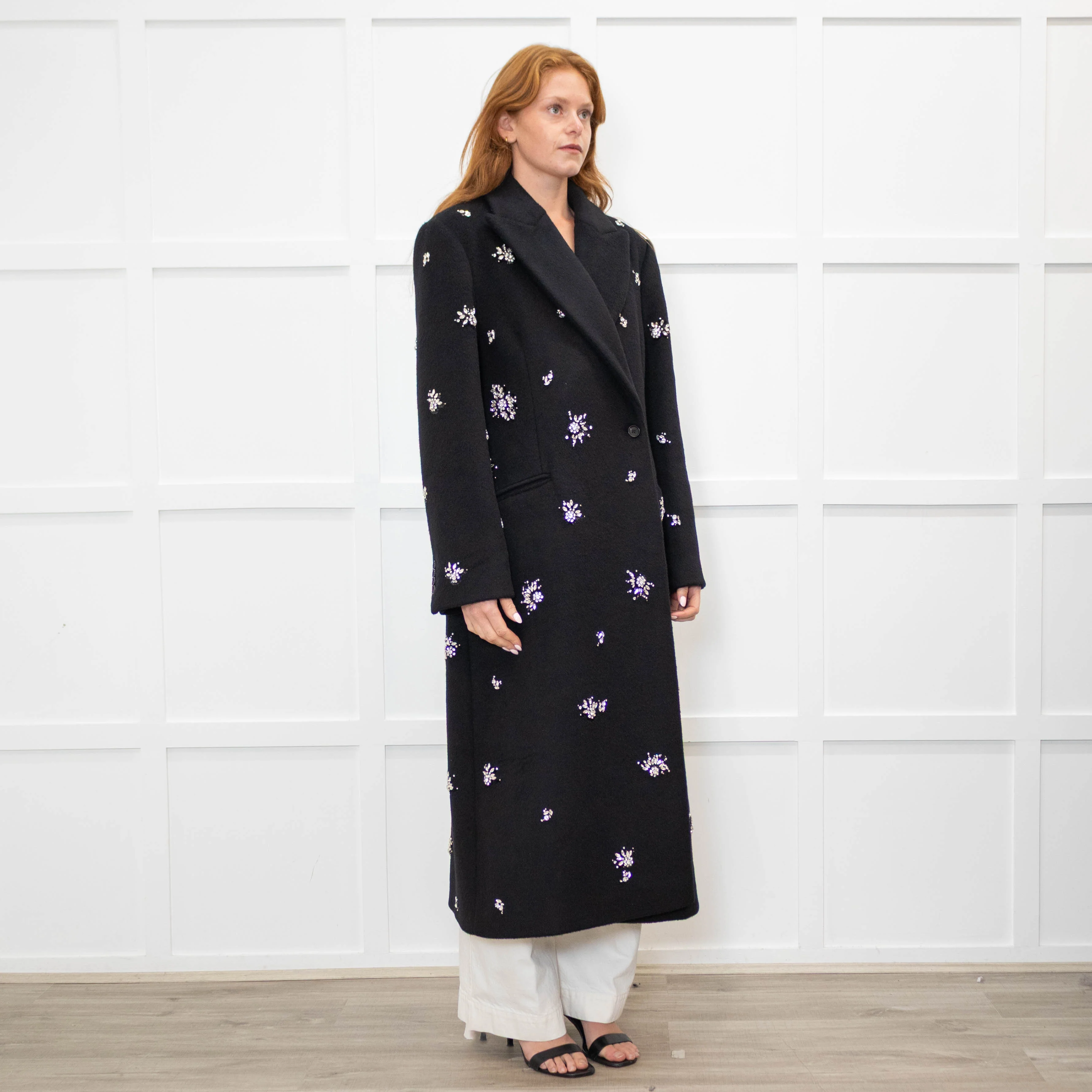 Simkhai Black Wool Blend Crystal Flower Black Sequin Detail Long Coat - Image 7